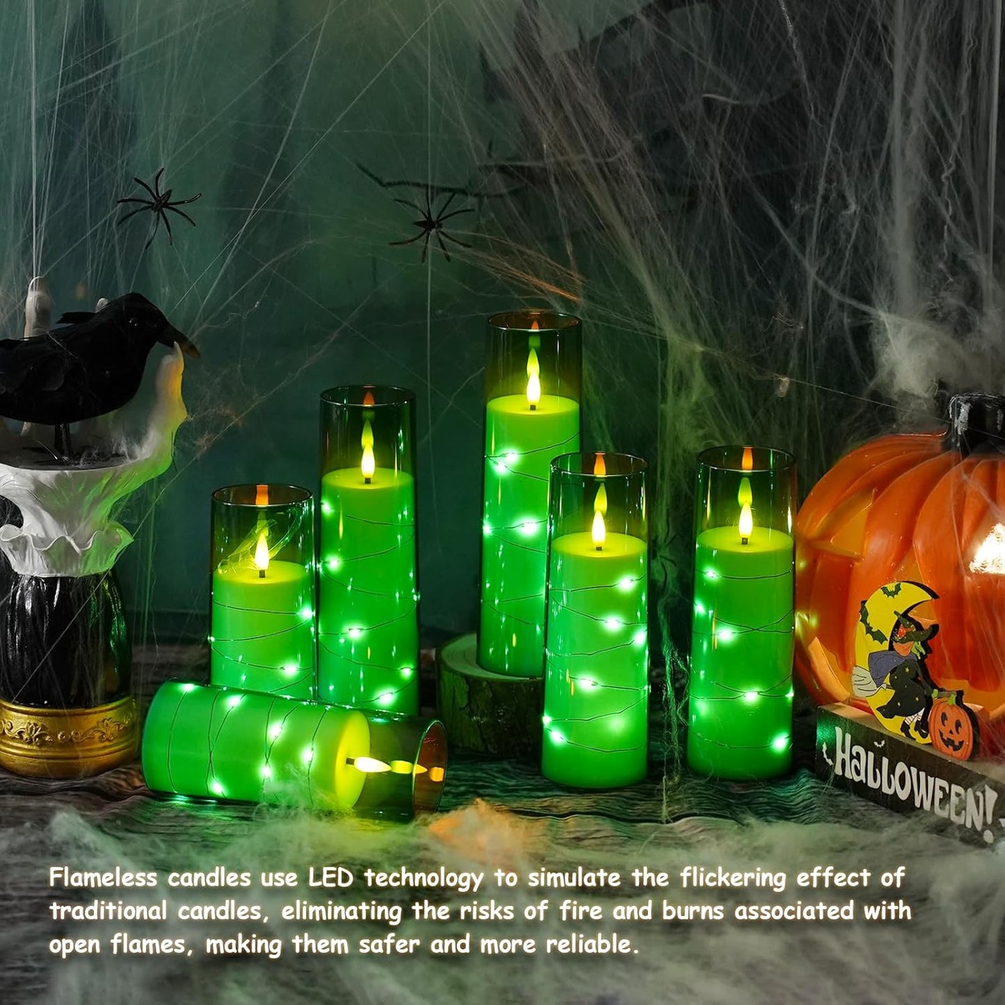 Flickering Flameless LED Candles,Battery Operated Candles 9 Pcs with Embedded Star String,Acrylic LED Pillar Candles with Remote,Suitable for Home Decoration to Create an Atmosphere (Green)