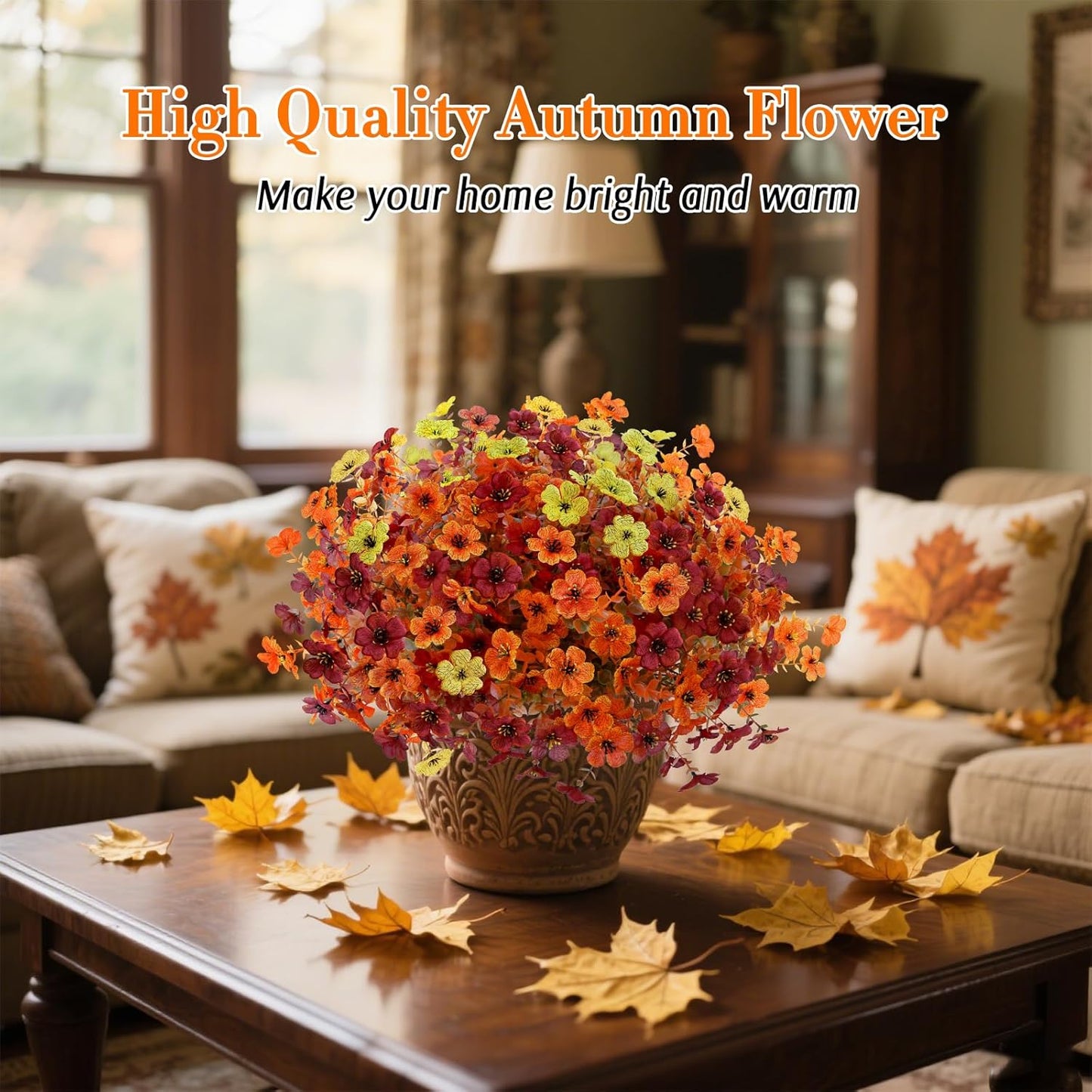 12 Bundles Artificial Fall Flowers Faux Mums for Outdoor Indoor, Artificial Plants Daisy Faux Plants Fake Mums for Fall Decor Pots Patio Garden Porch Autumn (Orange,Brown,Yellow) (12)