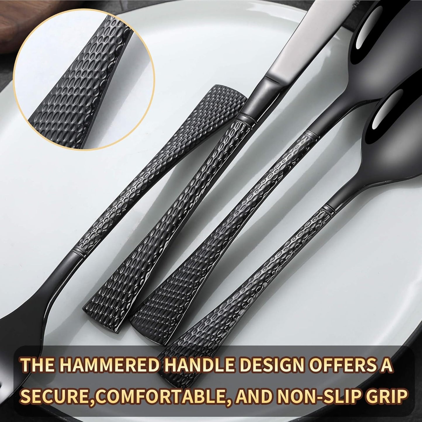 Hammered Black Silverware Set,20 Piece Modern Flatware Set Service for 4,Mirror Polished Stainless Steel Cutlery Set Utensil Set Tableware Set,Kitchen Knives Forks Spoons Set,Dishwasher Safe
