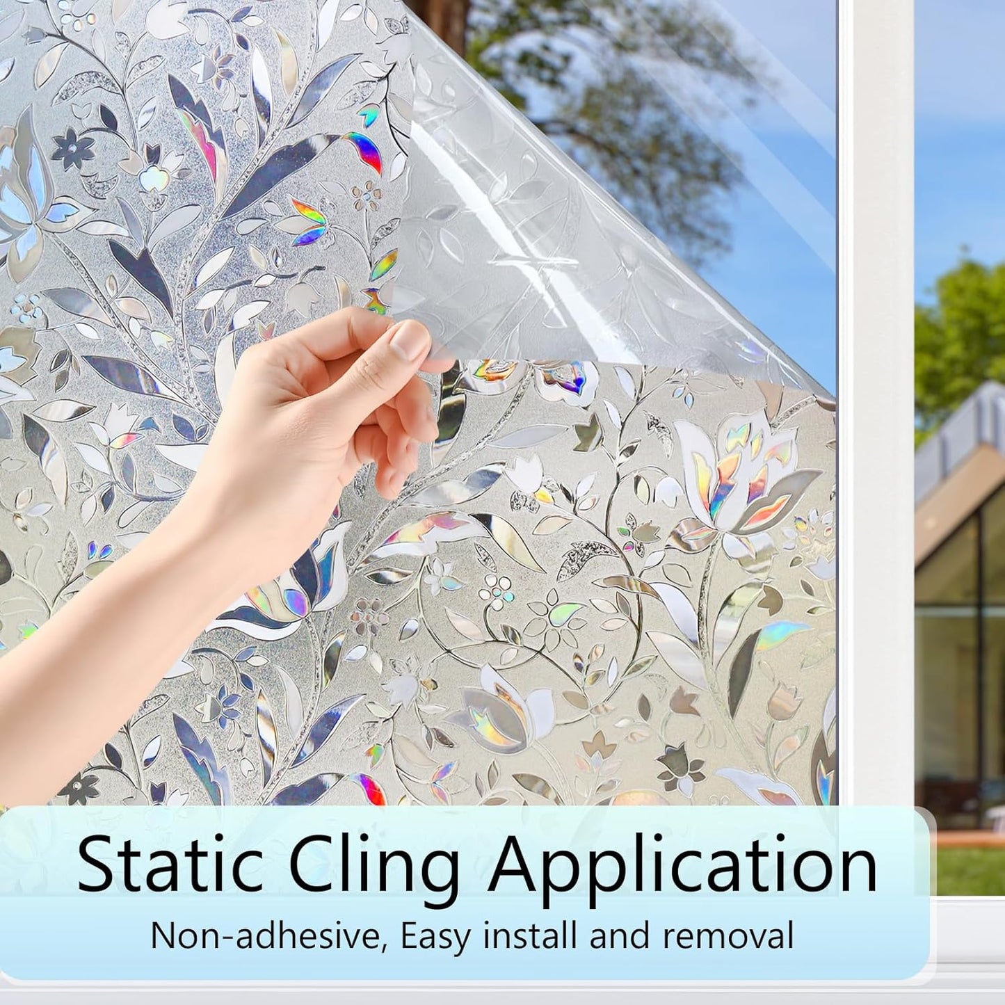 HIDBEA Window Privacy Film, 3D Stained Glass Static Cling - Sun Blocking Anti-UV Heat Control, Reusable Decorative Film for Home/Office Doors, Rainbow Tulip Design (29.5 in x 78.7 in)