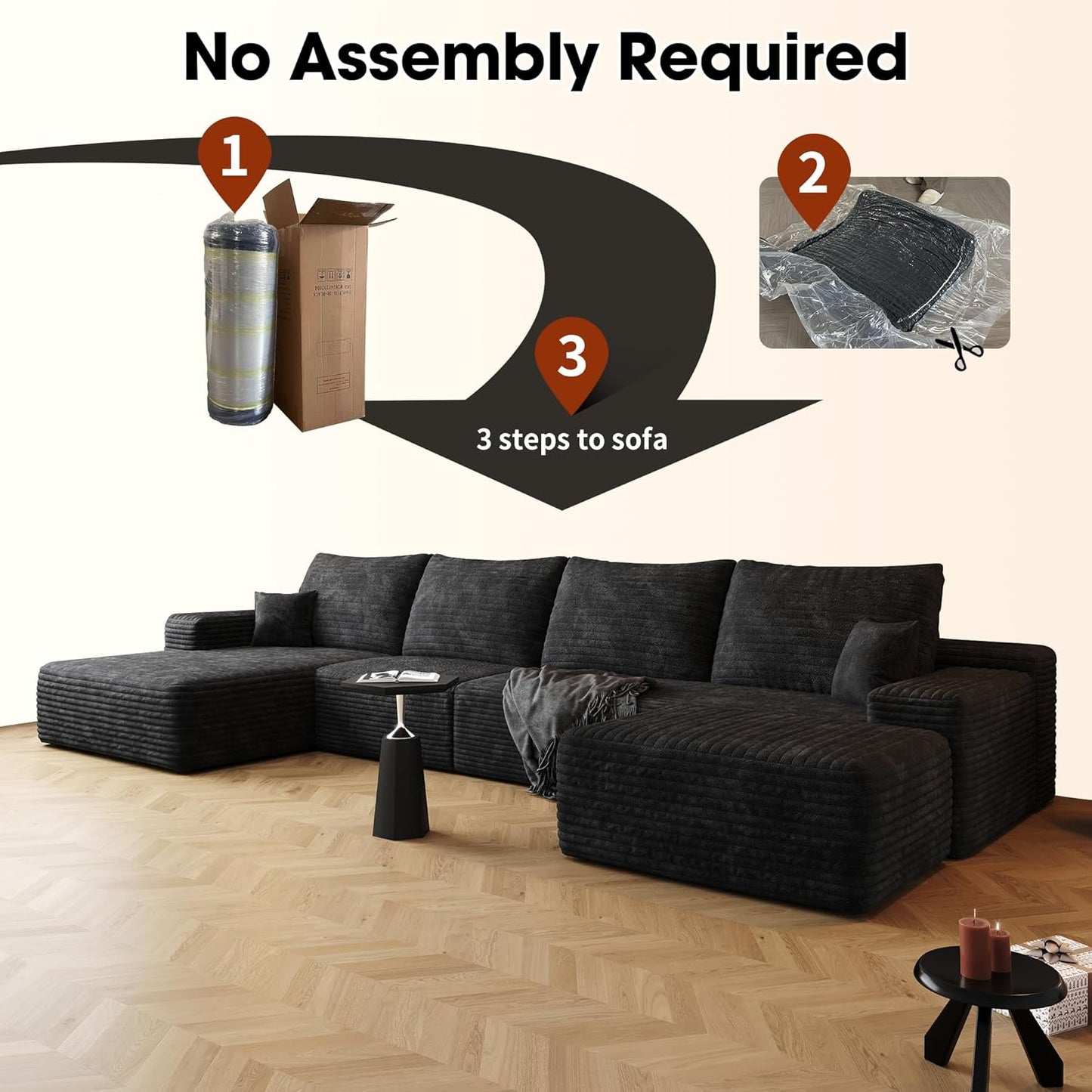 136" Sectional Couches for Living Room Modern Modular Sofa with L-Shape Couchs Upholstered Boneless Couch Deep Seat Sectional Couch with Chaise (Black, Left Facing Chaise+3Seaters+Ottoman)