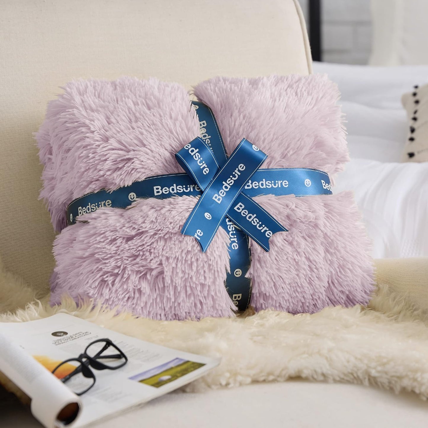 Bedsure GentleSoft Fluffy Lavender Purple King Size Blanket for Bed, Thick Soft Sherpa Faux Fur Fleece Bedding Fuzzy Plush Winter Warm Large King Blanket, Cozy Purple Gifts for Men Women, 108x90