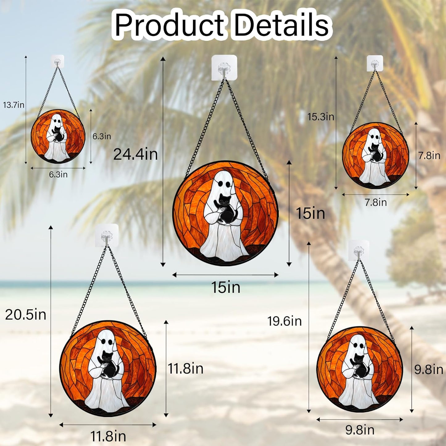 Stained Glass Window Hanging - Halloween Cute White Ghost Black Cat Suncatcher for Doors Garden Home Spooky Orange Sun Catchers Gothic Decor Horror Gift for Women Men Friend Boy Girl 15 in