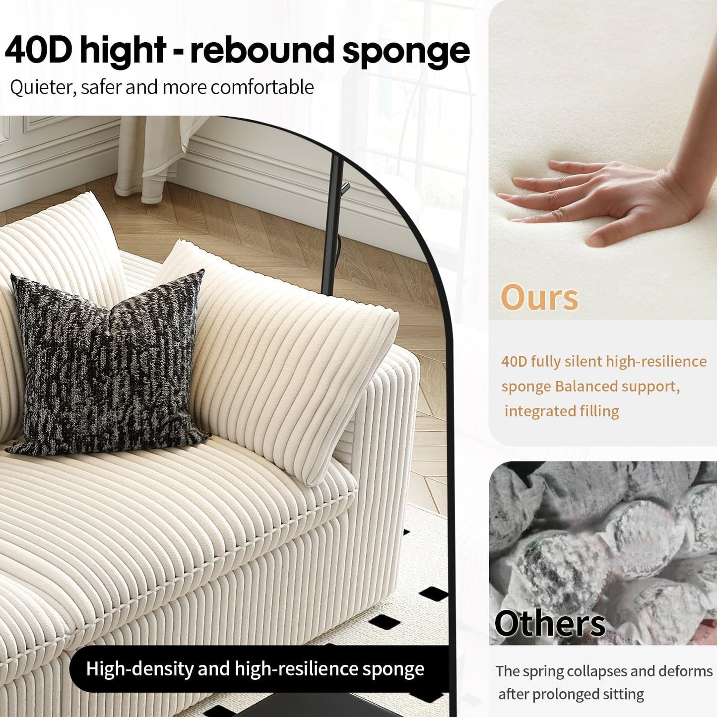 157.5" Cloud Couch Modular Sectional Sofa for Living Room,Modern Sofa with Deep Seat,4 Seater Boneless Couch,Comfy Upholstered Corduroy Couches for Apartment, Studio, Office,Bedroom,White