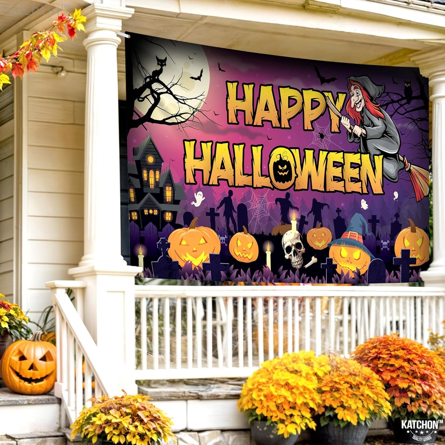 KatchOn Spooky Happy Halloween Banner - XtraLarge, 72x44 Inch | Pumpkin Halloween Backdrop for Purple & Orange Decorations | Witch Backdrop for Party Decorations