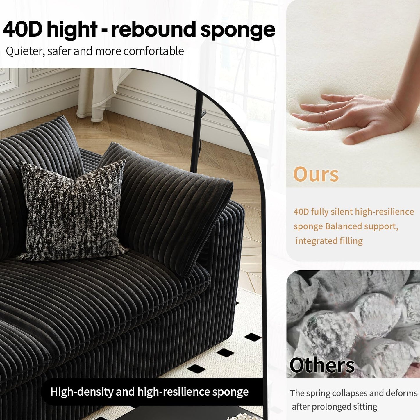 118" Cloud Couch Oversized Modular Sectional Sofa for Living Room,Modern Sofa with Deep Seat,V Shaped Boneless Couch,Comfy Upholstered Corduroy Couches for Apartment, Studio, Office,Bedroom,Black