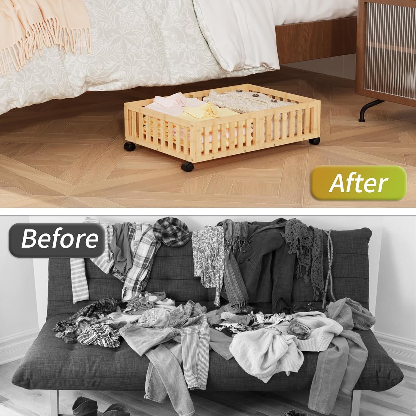 Bamboo Under Bed Storage with Wheels (2-Pack) – Rolling Underbed Shoe Organizer Box for Shoes, Blankets, Toys, Clothes Container Space-Saving Organizer Bins for Bedroom, Closet, Dorm, Nursery