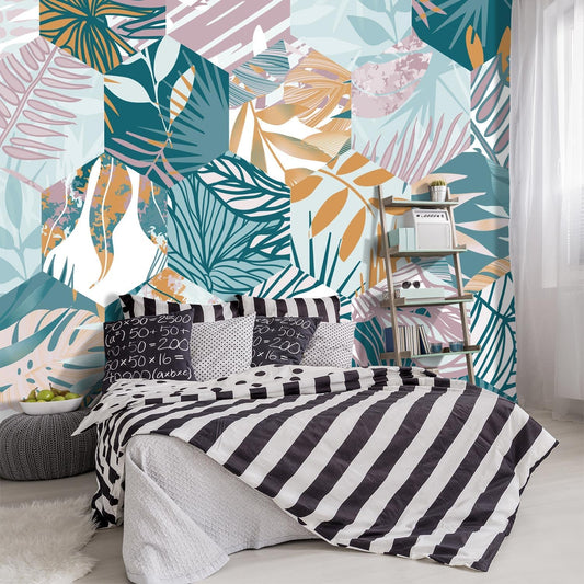 -Abstract Geometry Botanical Banana Leaf Fabric Wallpaper Living Room Bedroom Bathroom Tropical Plant Leaf Large Wall Mural- 137"x96"( not Peel and Stick)