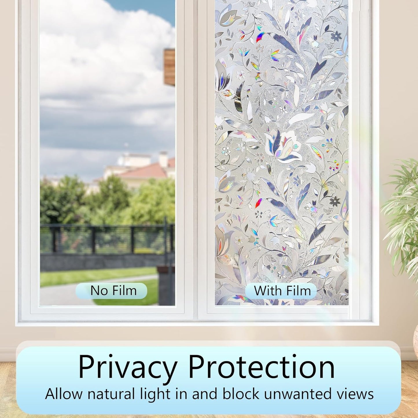 HIDBEA Window Privacy Film, 3D Stained Glass Static Cling - Sun Blocking Anti-UV Heat Control, Reusable Decorative Film for Home/Office Doors, Rainbow Tulip Design (29.5 in x 78.7 in)