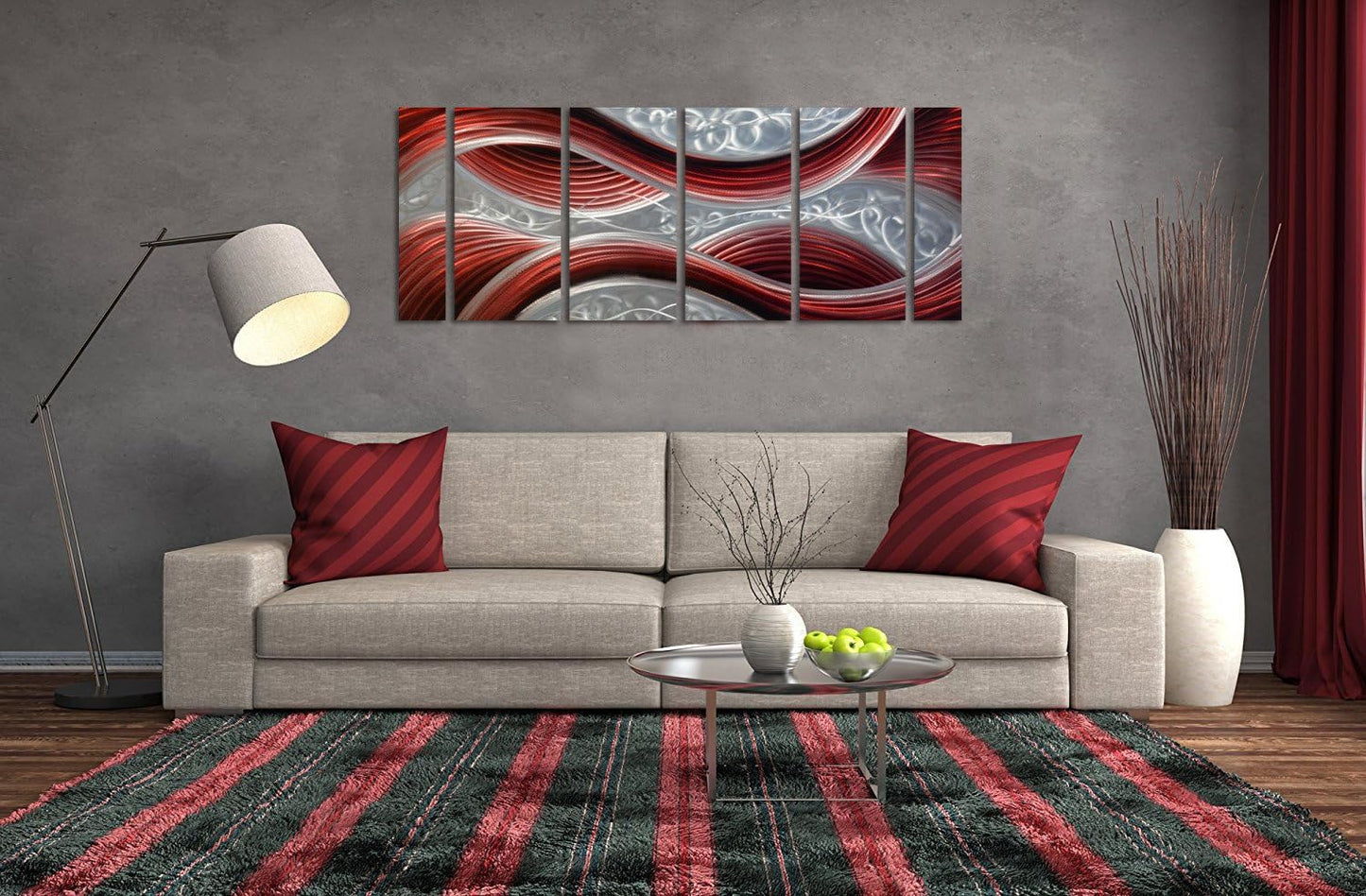 Handmade Abstract Metal Wall Art with Soft Color, Large Scale Decor in Dark Red Line Design Metal Art, 3D Artwork for Indoor Outdoor Wall Decorations, Decorative hanging in 6-Panels Measures 24"x 65"