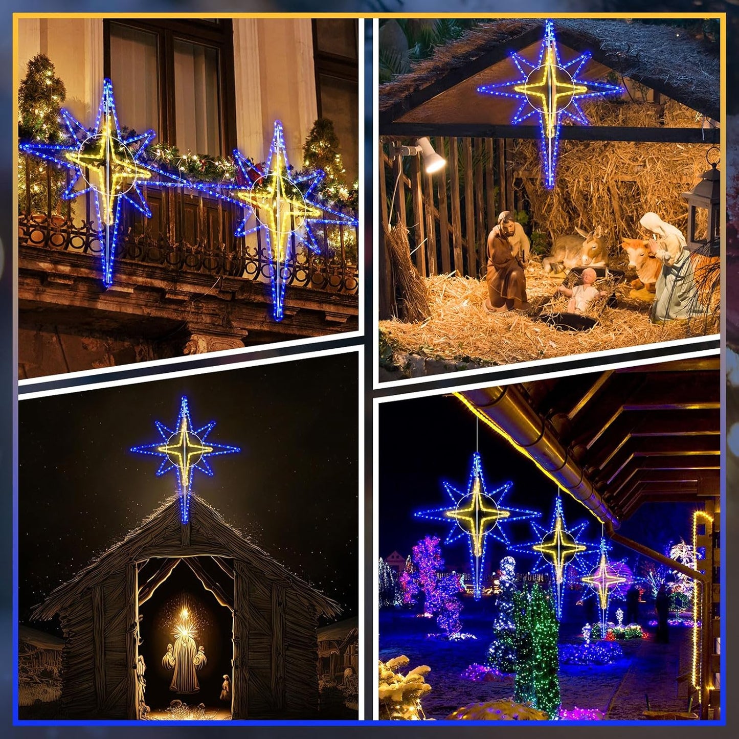 51'' Christmas Star of Bethlehem LED Star Hanging Lights Nativity Holy Family Light for Door Window Porch Wall Decoration Plug Operated Lighted Hanging Tree Topper(Blue, White)