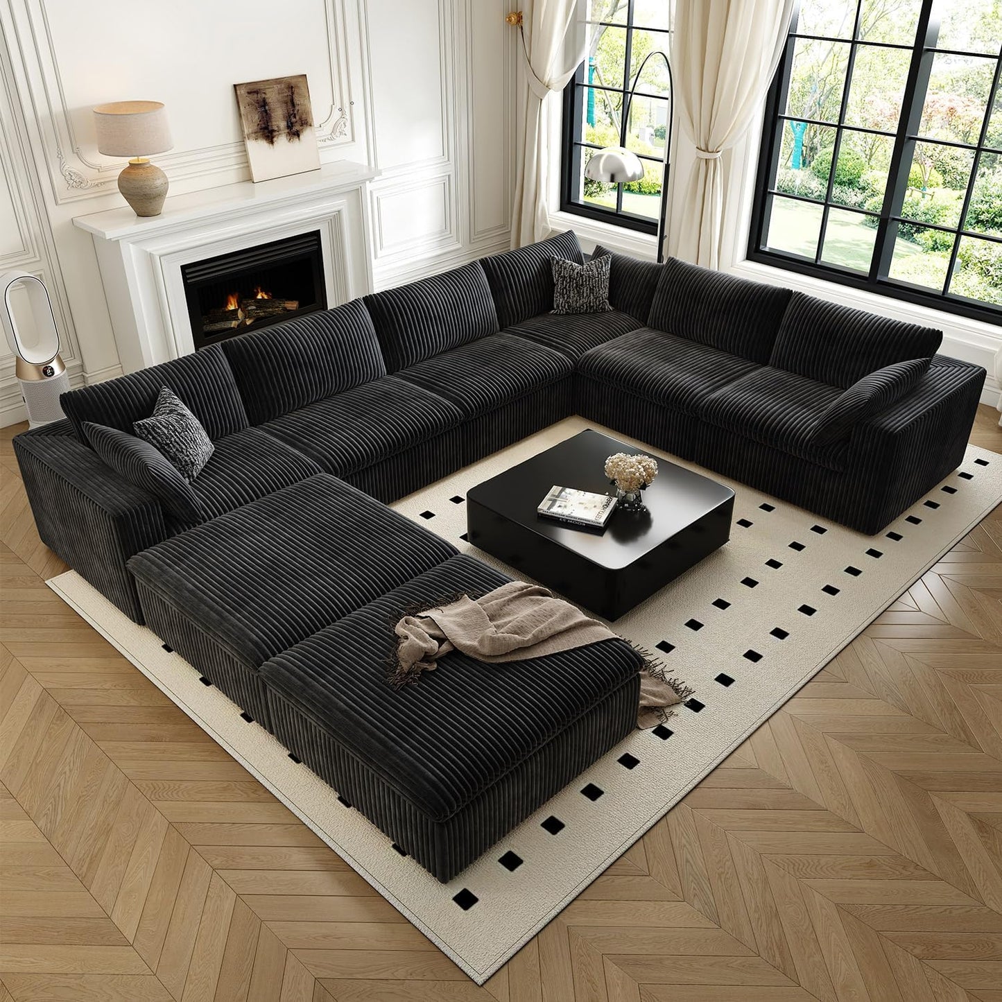 157.5" Cloud Couch Oversized Modular Sectional Sofa for Living Room,Modern Sofa with Deep Seat,8 Seater Boneless Couch with 2 Ottoman,Comfy Upholstered Couches for Apartment, Studio, Office,Black