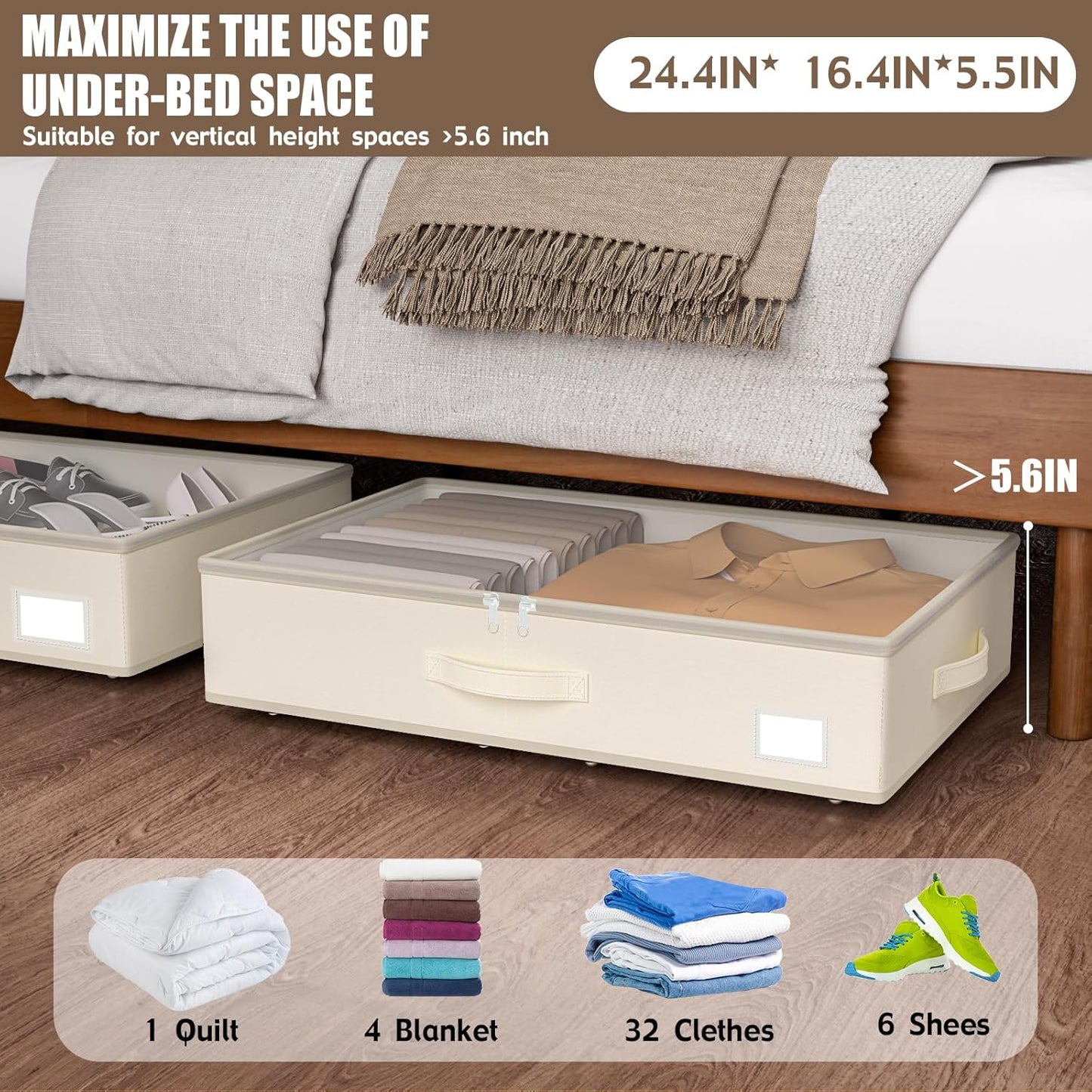 Under Bed Storage with Wheels, No Assemble Required 5.5 inches height beige under bed storage bins,Low Profile Rolling Under bed Shoe Storage containers,dorm under bed storage drawers