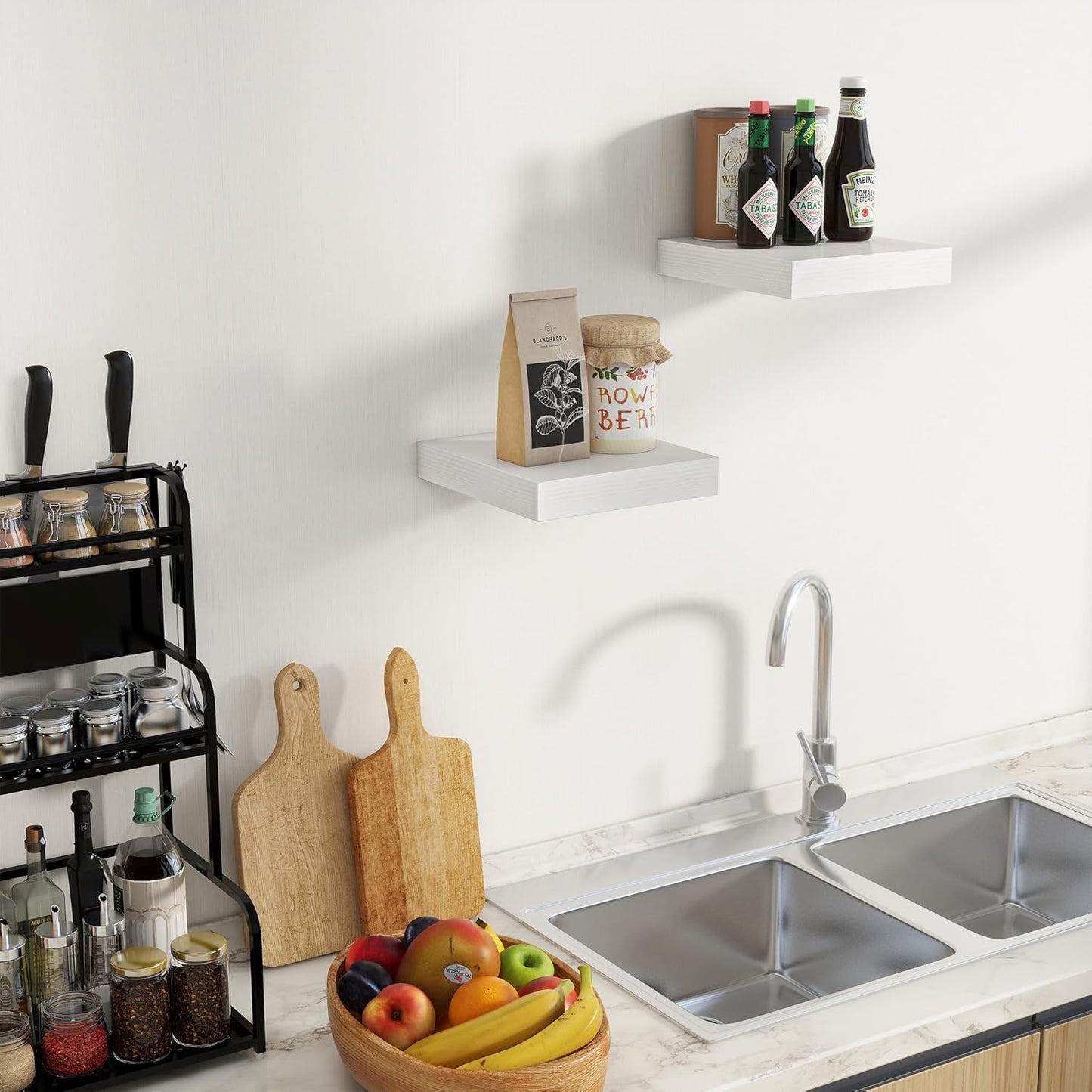 Fun Memories Floating Shelves for Wall 10 Inch, 10 Inch Deep Square Wall Shelves, Bathroom Storage Shelves Over Toilet, Wood Floating Shelves for Living Room Bedroom, White, Set of 2