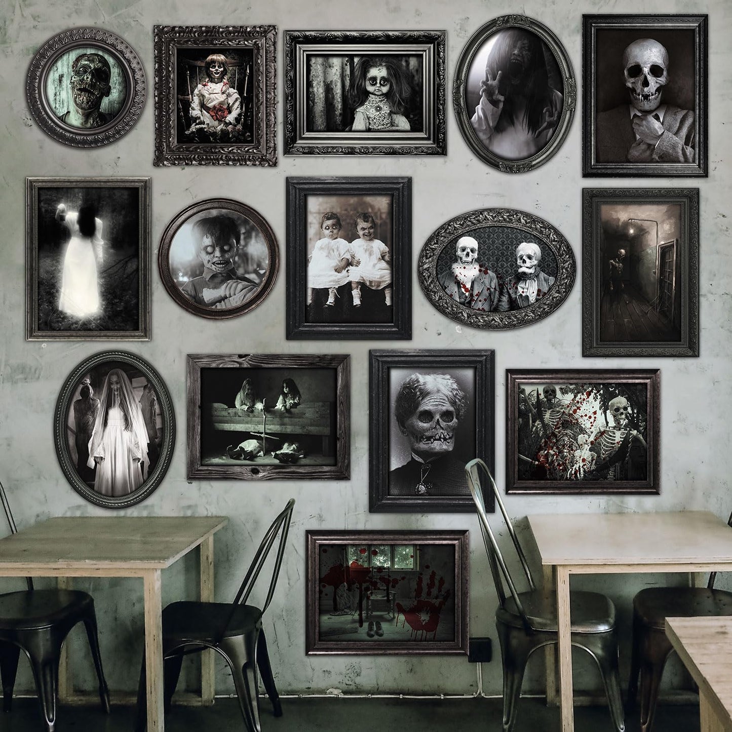 15 Halloween Gothic Creepy Skull Photos Haunted Horror Picture Frame, Waterproof Durable, with 80pcs Self Adhesive Dots,Creepy Photo Decoration For Haunted Family Castle Masquerade Party Black