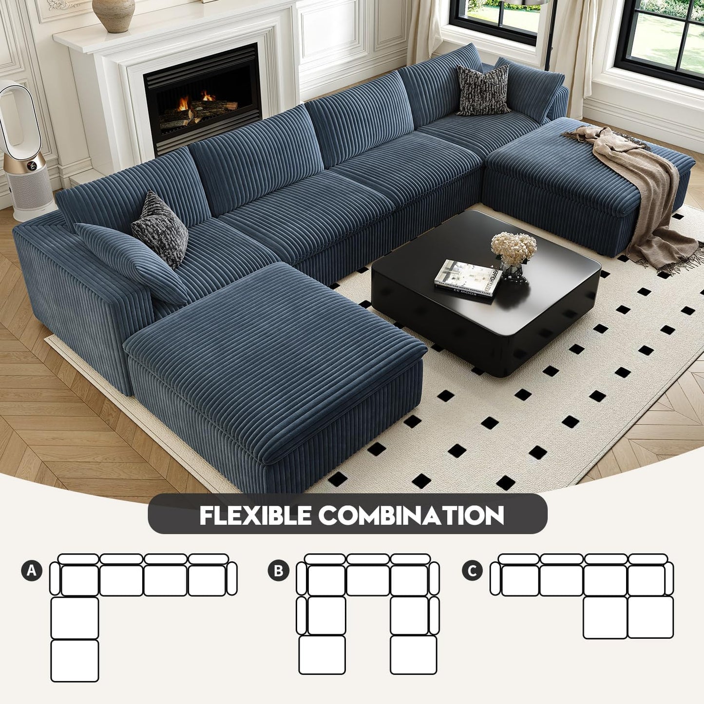 157.5" Cloud Couch Oversized Modular Sectional Sofa for Living Room,Modern Sofa with Deep Seat,U-Shape Boneless Couch with 2 Ottoman,Comfy Upholstered Couches for Apartment, Studio, Office,Blue
