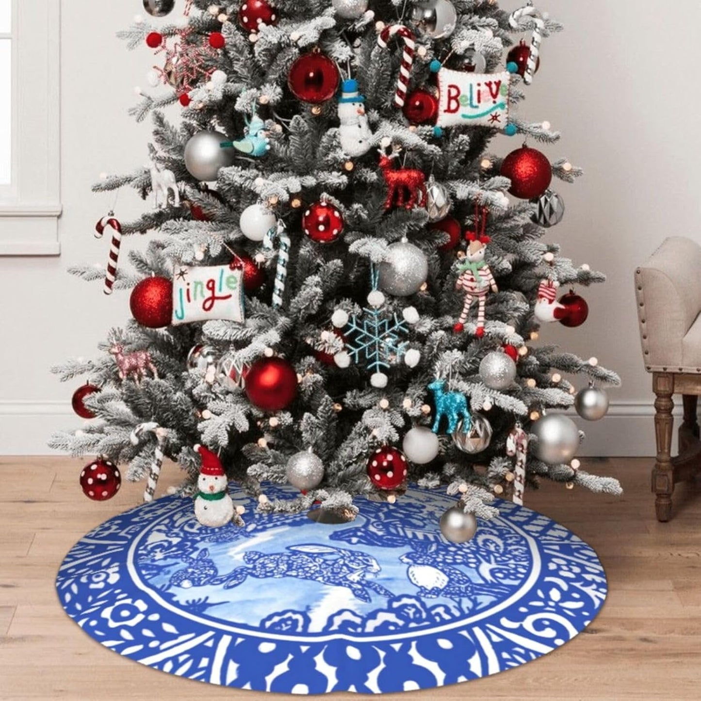 36" Large Christmas Tree Skirt, Blue Willow Oriental Rabbit Whimsical Blue & White Pattern Tree Mat Base Cover for Xmas Festive Holiday Party Decoration Ornaments