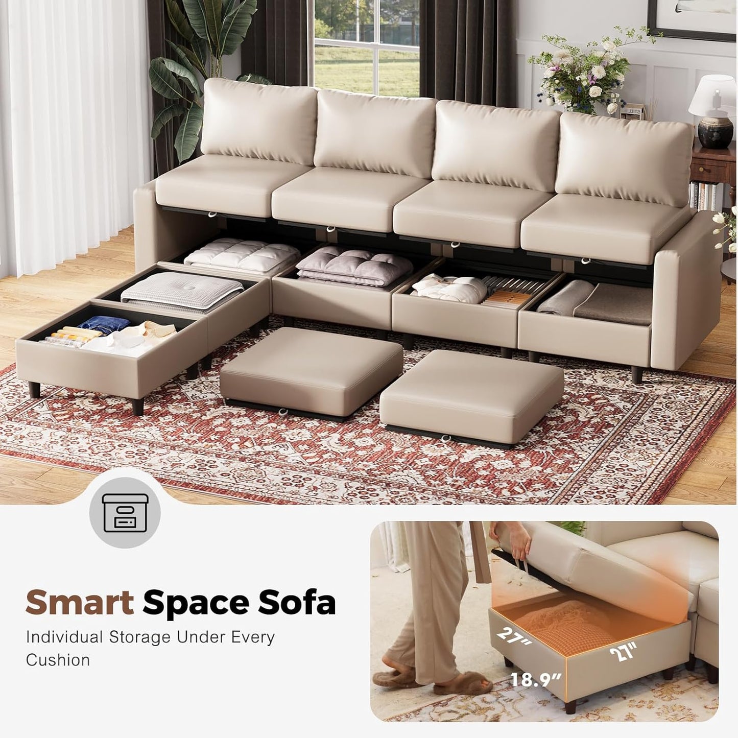 91.5" Faux Leather U Shaped Modular Sectional Sofa, 5 Seater Couch with Movable Ottoman Deep Seat and Storage Seat with Removable Cover for Living Room, Apartment - Whitesand