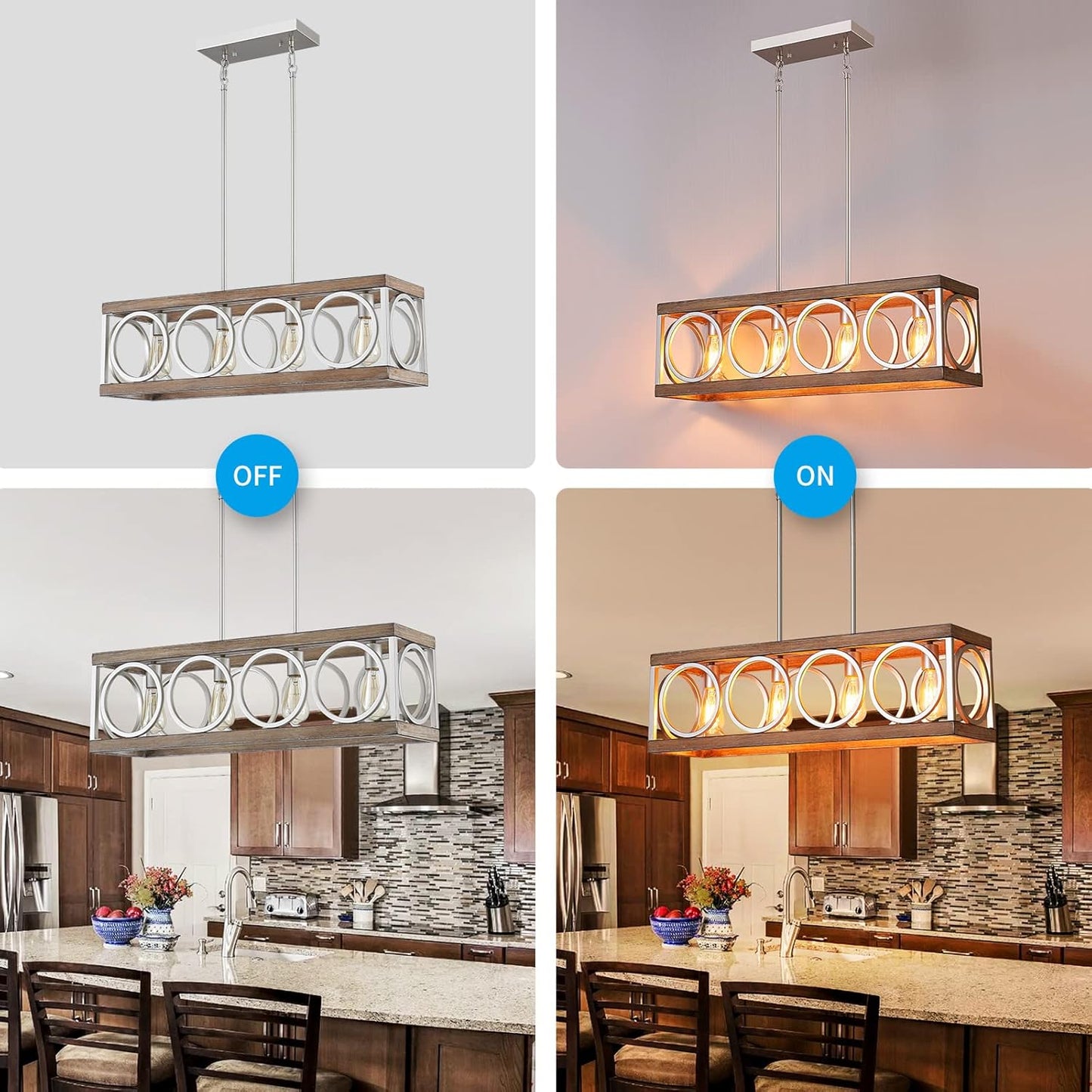 XINGQI Farmhouse Dining Room Chandeliers, Rectangle Vintage Hanging Lighting Fixtures, 4-Light Kitchen Island Lighting, Rustic Metal Chandelier Pendant Light, Antique Wood Grain XY082