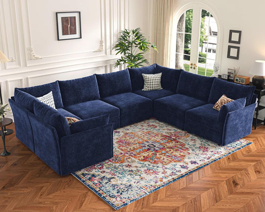 136.4" Oversized Modular Sectional Sofa, U Shaped Convertible Couch with Movable Ottoman, Large 7 Seat Corner Couches for Living Room Deep Seat Blue Chenille
