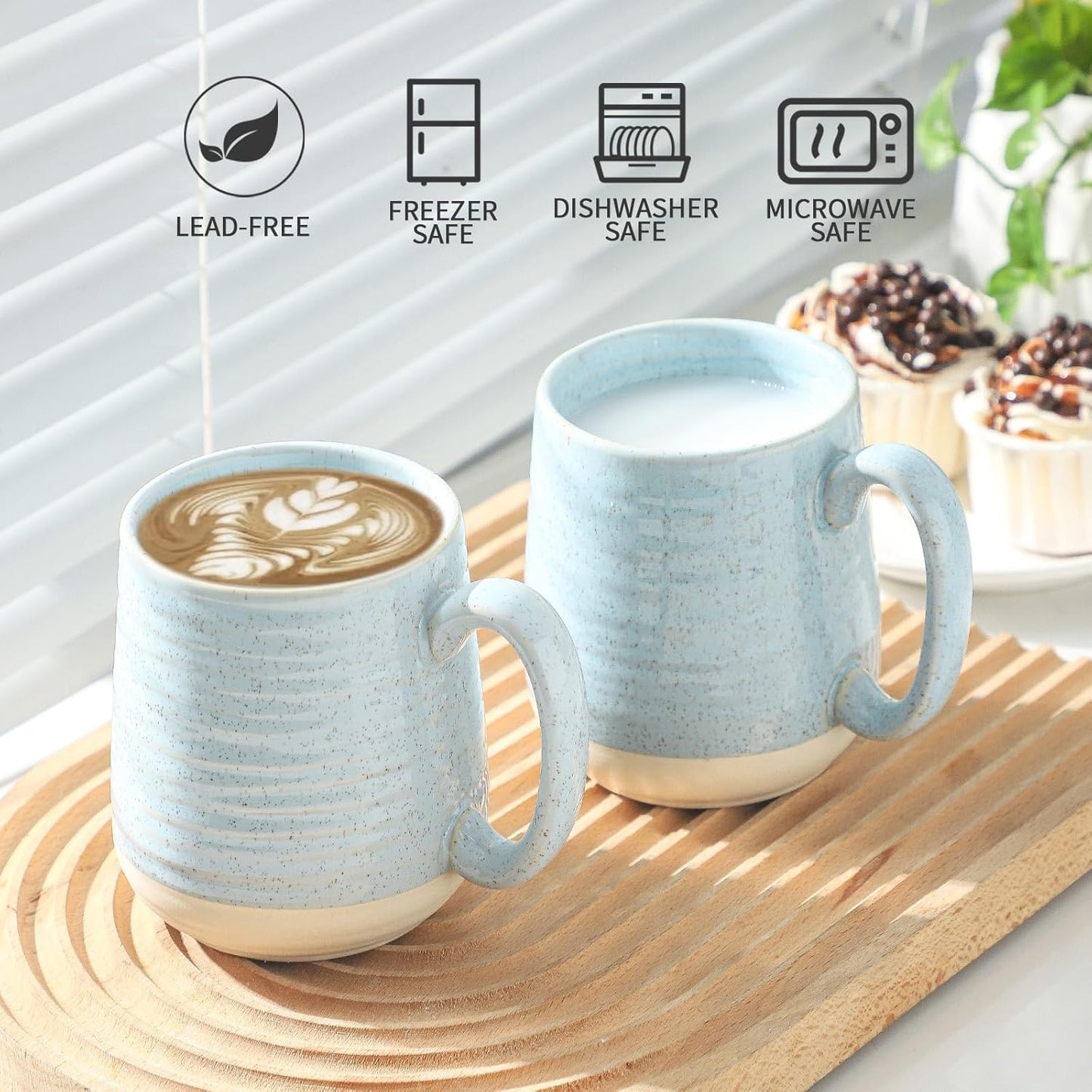 Hasense Porcelain Coffee Mugs Set of 6, 15 Ounce Large Ceramic Coffee Cups Set with Handle for Latte, Tea, Cocoa and Hot Chocolate, Sky Blue Coffee Mugs for Men and Women, Microwave Safe