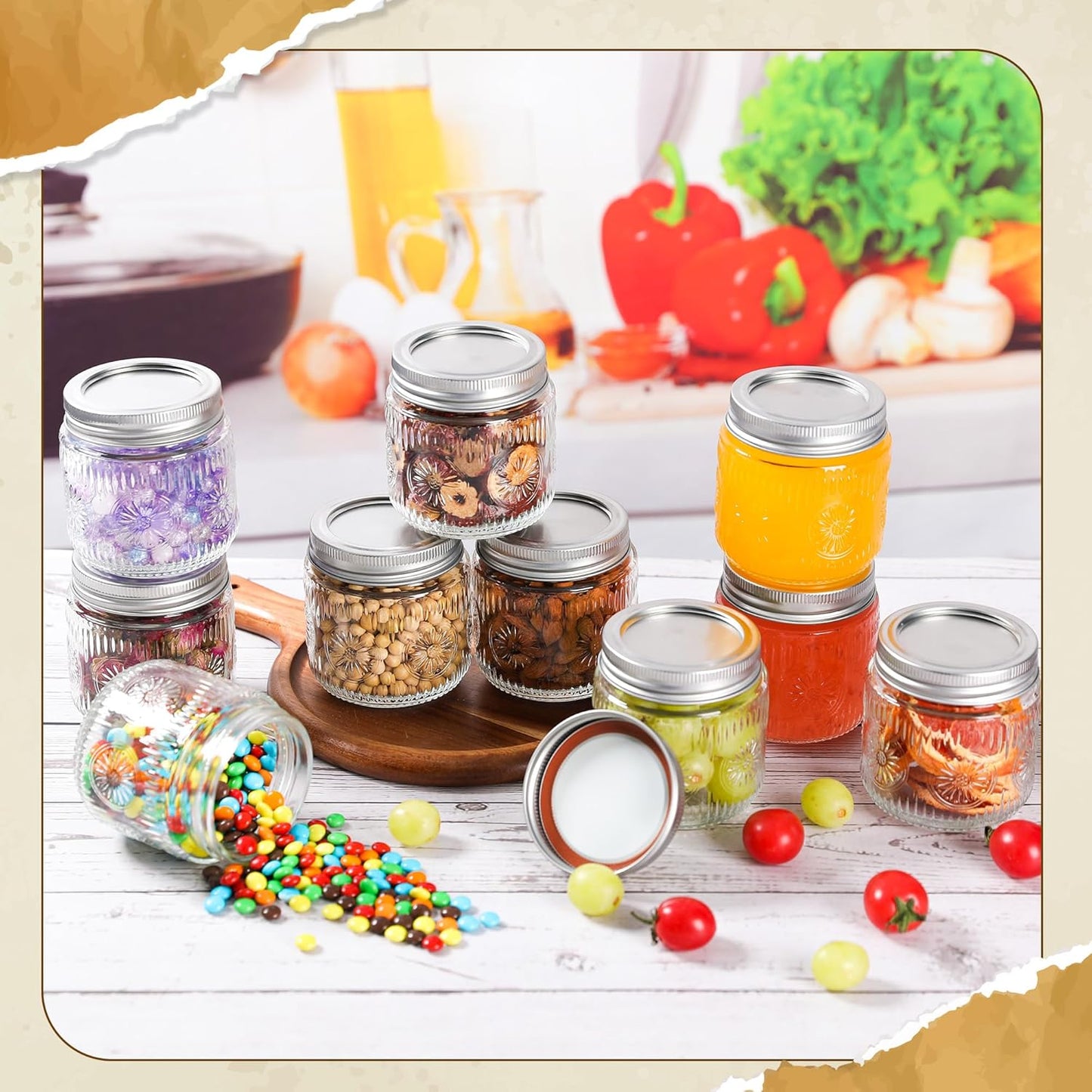 Mason Jars 8 oz - Vintage Small Glass Mason Jars with Silver Metal Lids, Regular Mouth Canning Jars, Safe For Storage, Canning, Pickling, Preserving, Fermenting, DIY Crafts & Decor (12Pack)