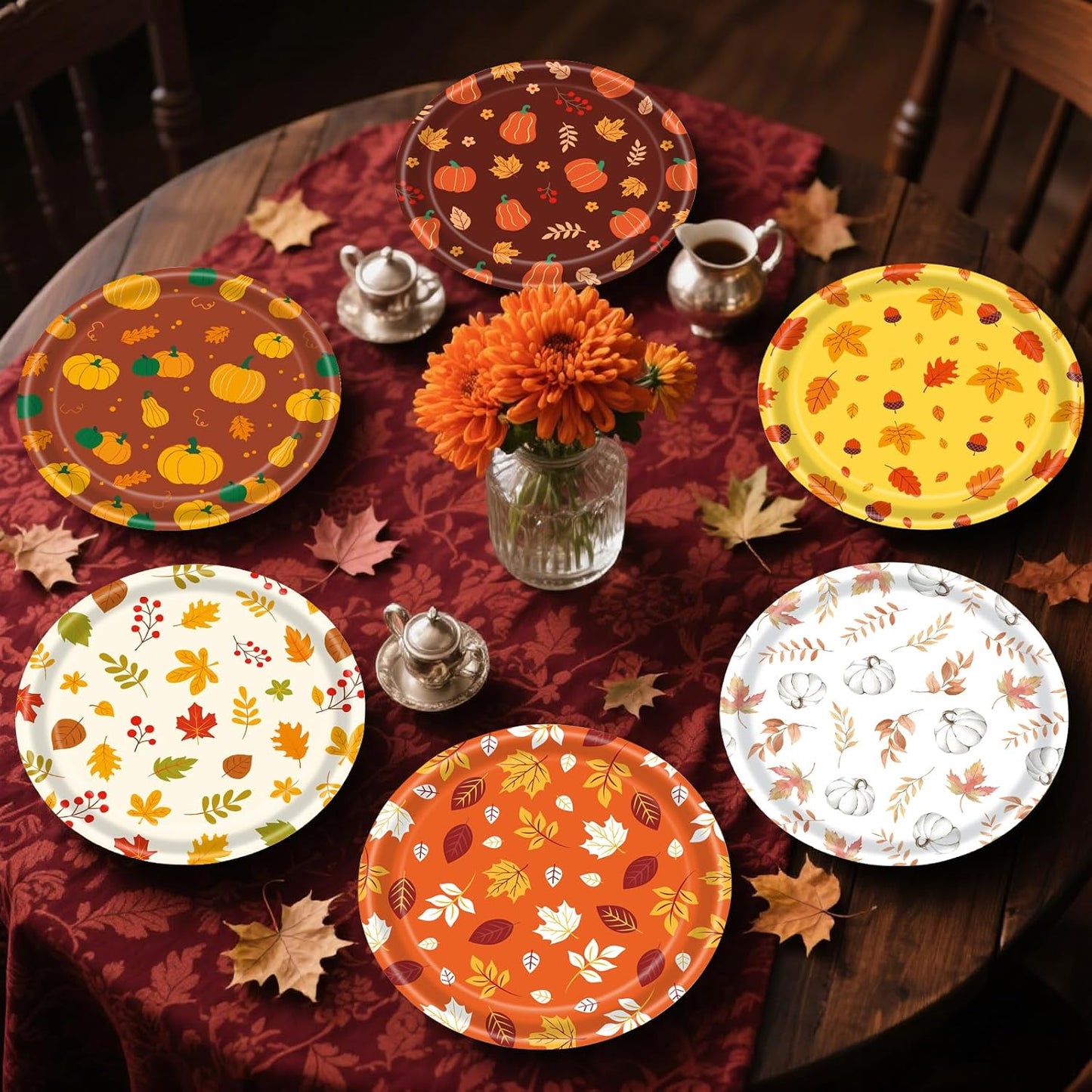 48 PCS Fall Paper Plates 7 inch, Leaves Pumpkin Thanksgiving Party Plates Disposable Cake Dessert Plate for Autumn Theme Party Decorations (Fall)