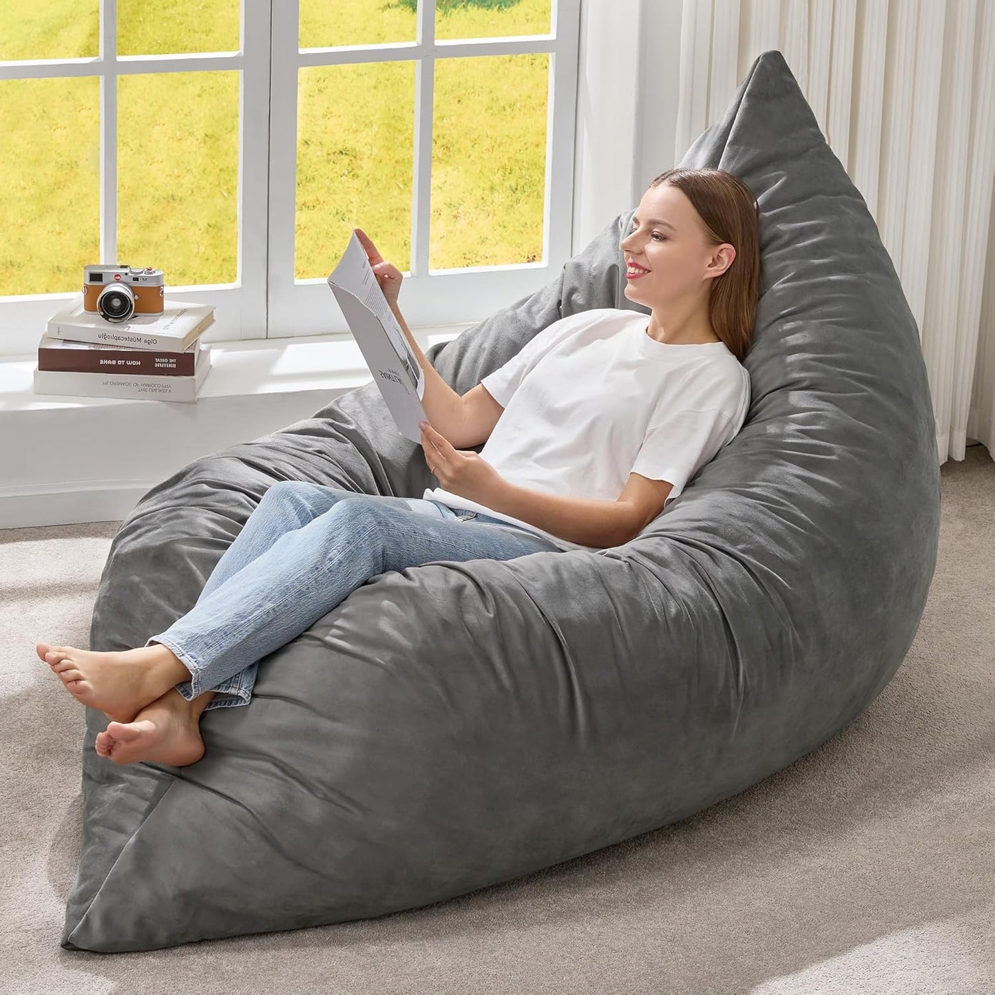 Hobestluk 3 in 1 Bean Bag Chair Giant Bean Bag Chairs for Adults with Velvet Cover Convertible Bean Bag Floor Cushion with Machine Washable Cover for Living Room (Velvet Grey)