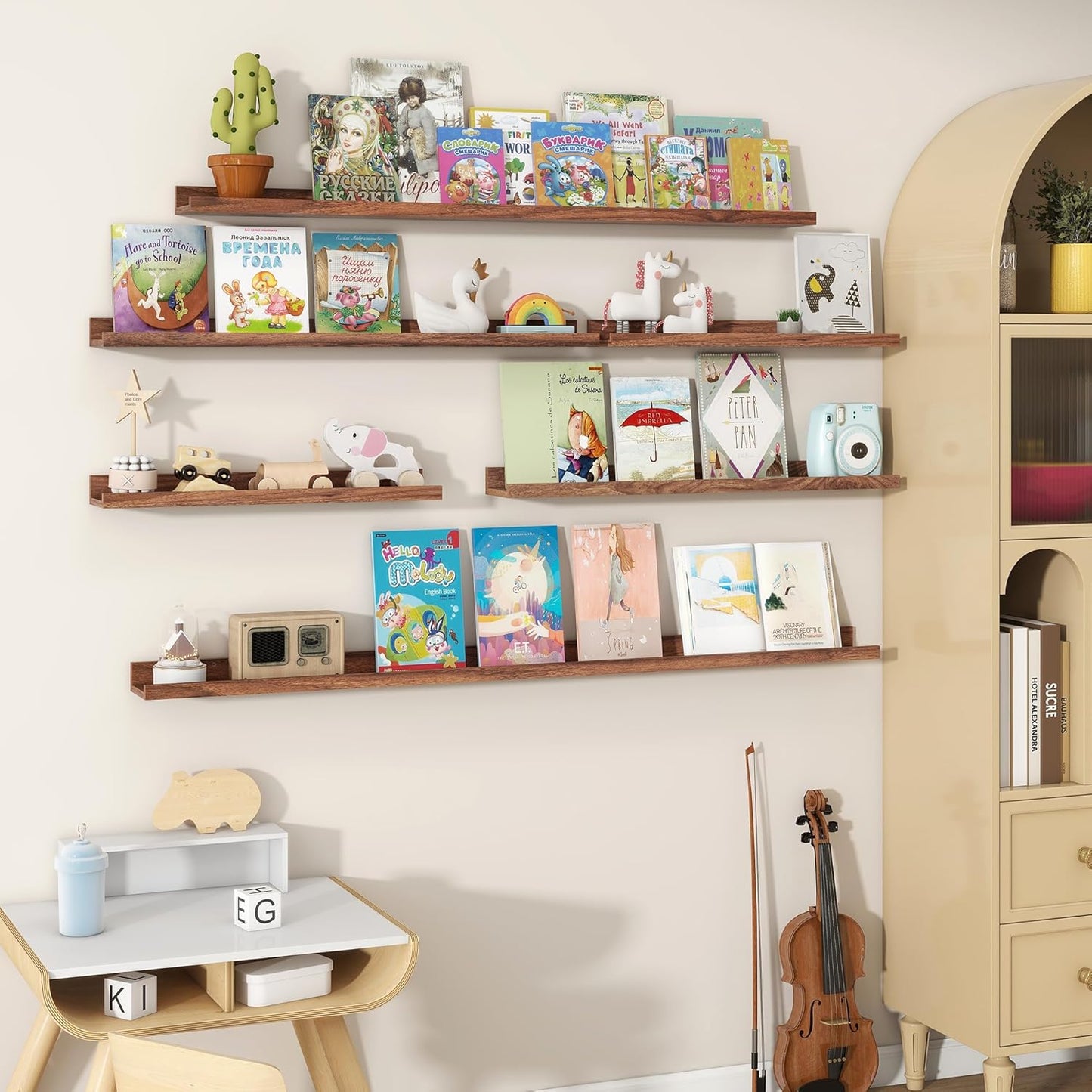 Fun Memories Picture Ledge Shelves Set of 2, 36 Inch Rustic Wall Mounted Floating Shelves with Lip for Home Storage and Décor in Bathroom, Kitchen, Nursery, Bedroom, Living Room, Walnut