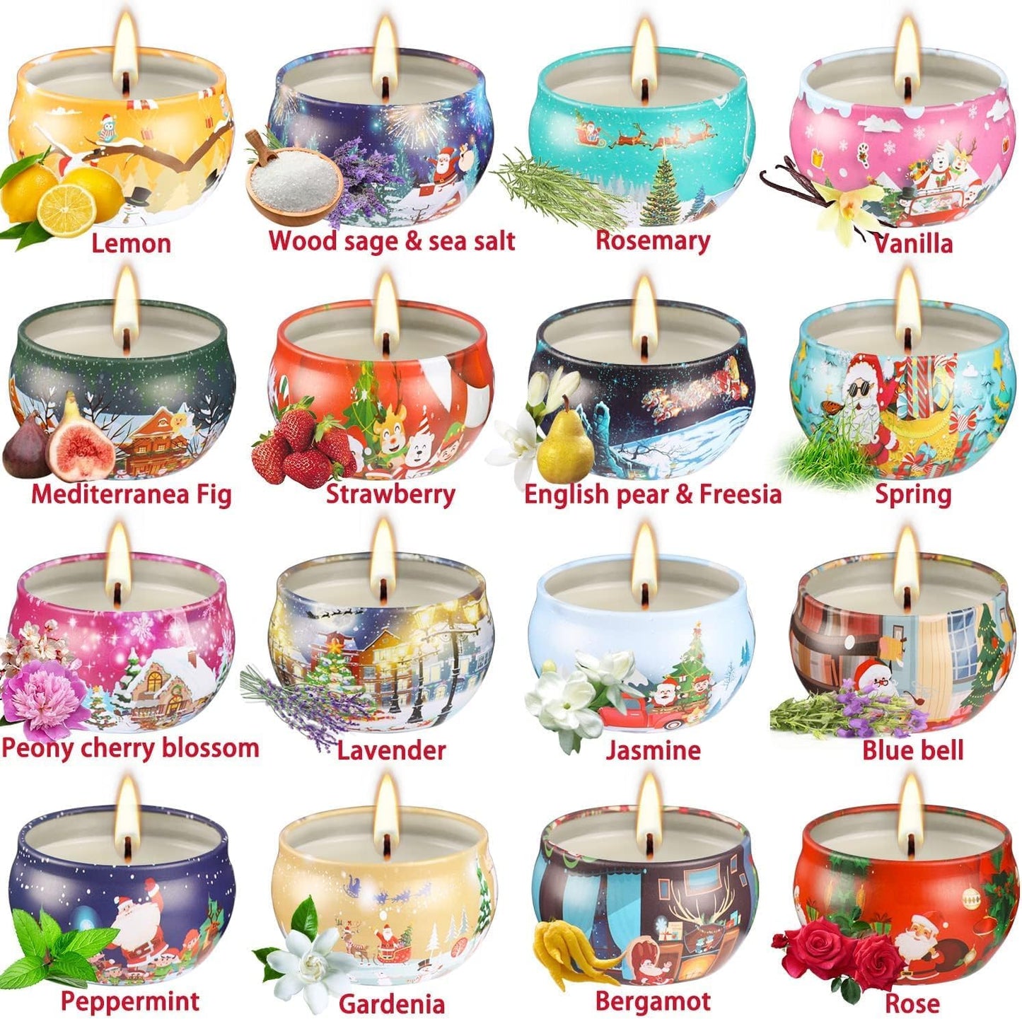 16pcs Christmas Scented Candles Set, 2.5oz Aromatherapy Candles Gift for Women, 16 Fragrances Soy Wax Candle for Christmas Holiday Thanksgiving Mother's Day