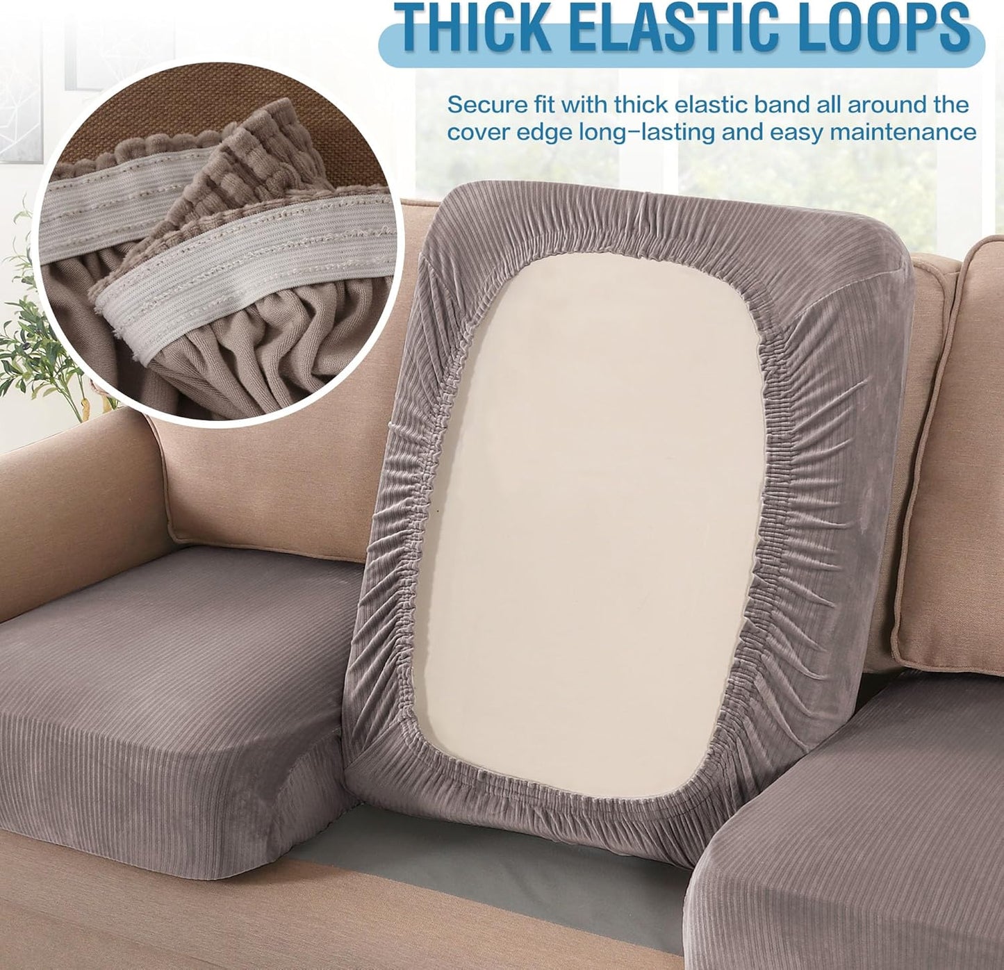 H.VERSAILTEX Velvet Stretch Couch Cushion Cover Plush Cushion Slipcover for Chair Loveseat Sofa Cushion Furniture Protector Seat Cushion Sofa Cover (2 Piece Medium Sofa Cushion Covers, Taupe Striped)