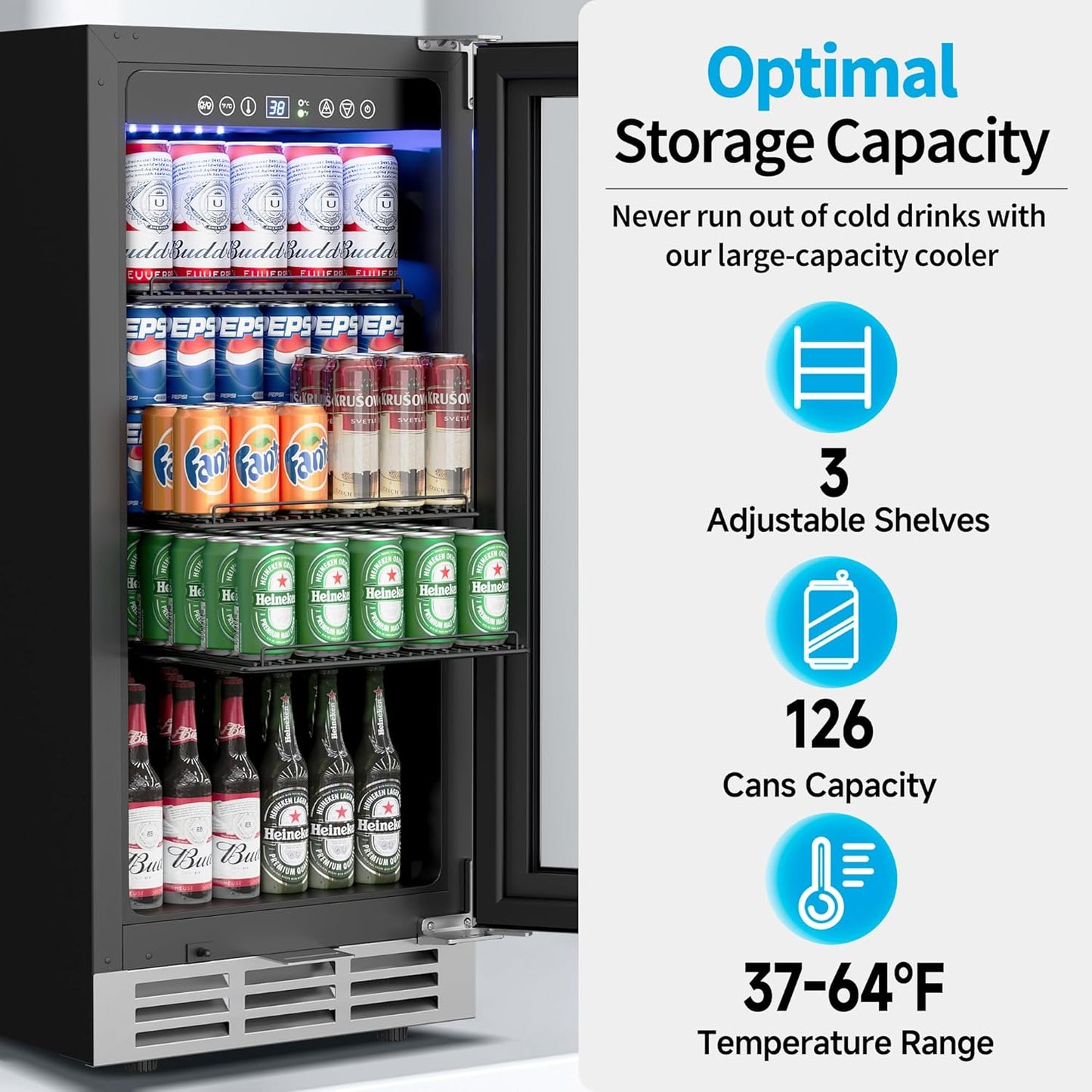 15 Inch Beverage Refrigerator Under Counter - 126 Cans Beverage Fridge with Glass Door for Beer Wine Soda - Built-in or Freestanding Wine Cooler with Safety Lock for Home Kitchen Bar