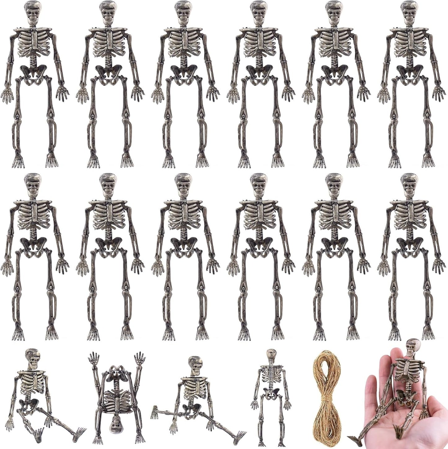 16 Pcs mini skeleton halloween decoration With hemp rope,6”small plastic posable halloween tiny skeleton figurines decor for Halloween Indoor Outdoor Graveyard Decor Haunted House Party Favors