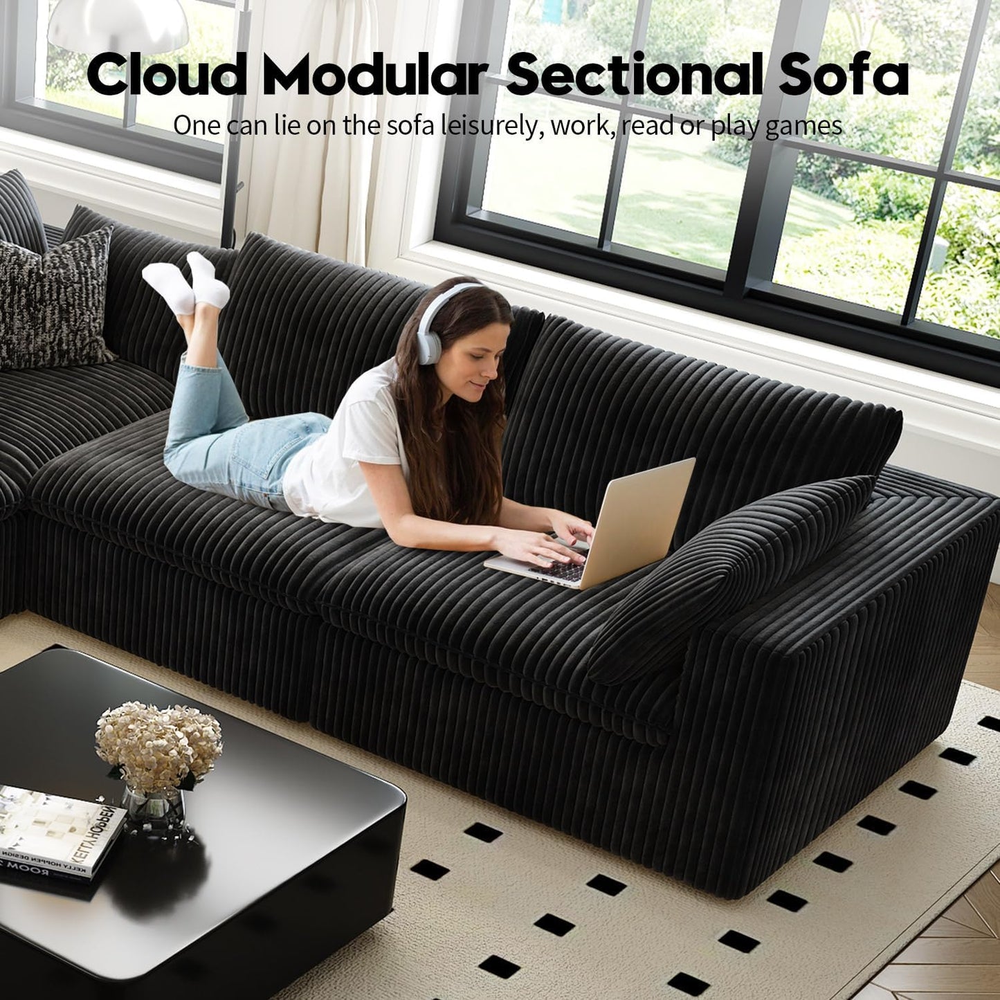 118" Cloud Couch Oversized Modular Sectional Sofa for Living Room,Modern Sofa with Deep Seat,V Shaped Boneless Couch,Comfy Upholstered Corduroy Couches for Apartment, Studio, Office,Bedroom,Black