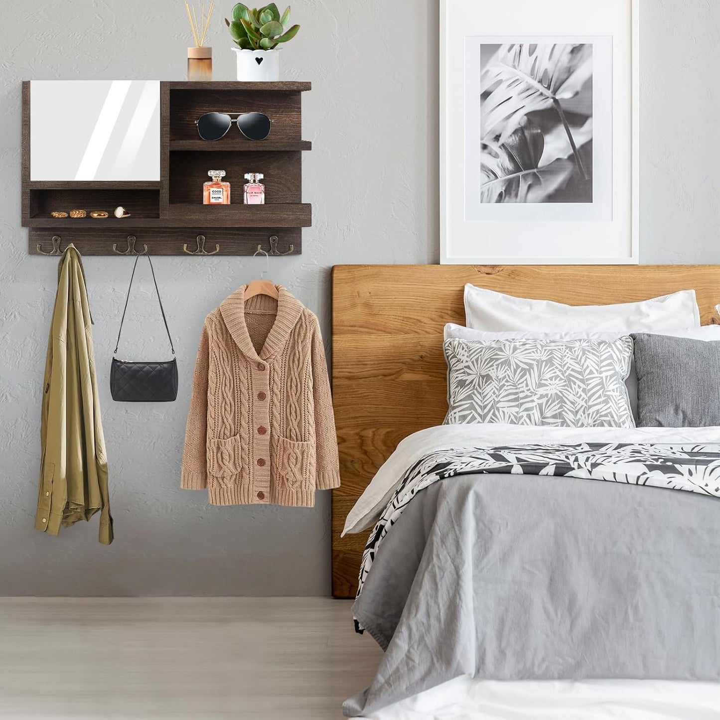 Key Holder for Wall, Mail Organizer Wall Mount with Key Hooks and Chalkboard & Mirror for Sunglasses Storage and Dog Leash Hanger, Decorative with 4 Double Hooks