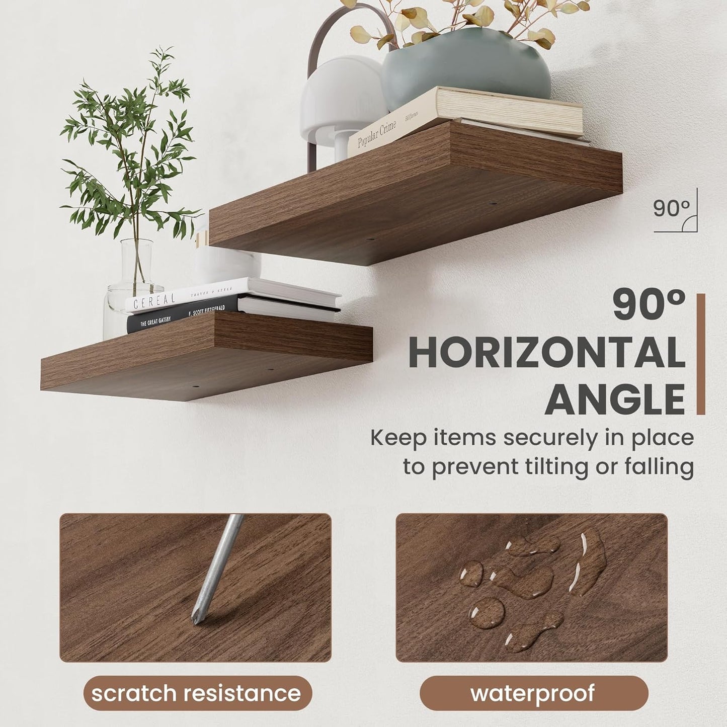 24 Inch Floating Shelves, 8 Inch Deep Floating Shelves for Wall, Hanging Shelf with Invisible Brackets, Deep Shelves for Bathroom, Bedroom, Living Room, Walnut, Set of 2
