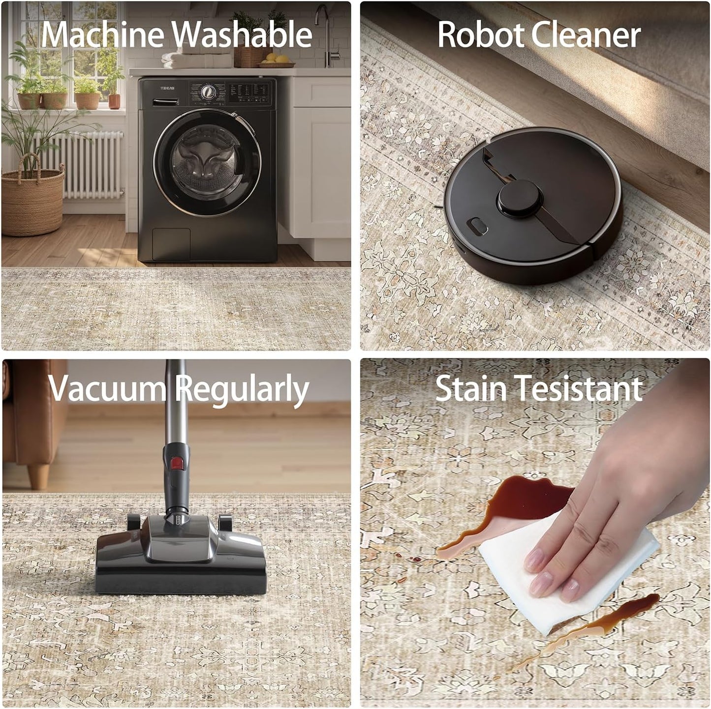 DCX Machine Washable Brown and Beige Area Rug 8x10, Non Slip Stain Resistant Vintage Rug for Living Room Diningroom Bedroom Nursery, Soft Low Pile Large Carpet