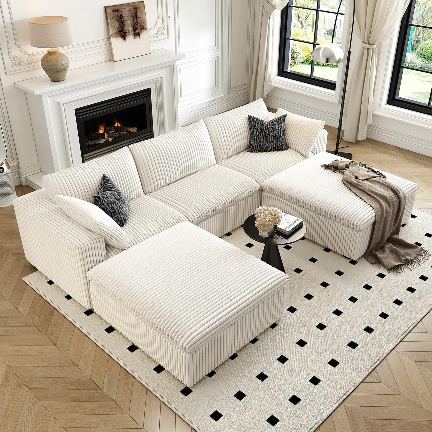 118" Cloud Couch Modular Sectional Sofa for Living Room,Modern Sofa with Deep Seat,U-Shape Boneless Couch with 2 Ottoman,Comfy Upholstered Corduroy Couches for Apartment, Studio, Office,Bedroom,White