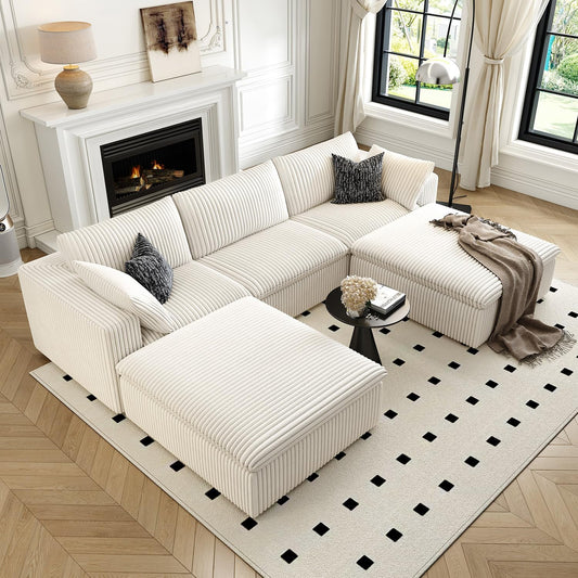 118" Cloud Couch Modular Sectional Sofa for Living Room,Modern Sofa with Deep Seat,U-Shape Boneless Couch with 2 Ottoman,Comfy Upholstered Corduroy Couches for Apartment, Studio, Office,Bedroom,White