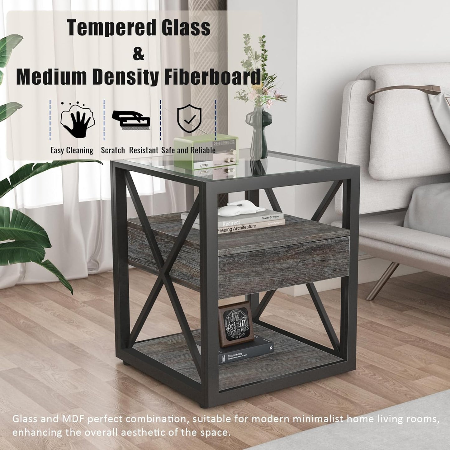 Farmhouse End Table Set of 2, Modern Side Table with Drawer&3-Tier Storage Shelf, Square Rustic Nightstand, Accent Tea Table, for Bedroom Office Living Room, Grey, Natural Wood, Glass, Metal