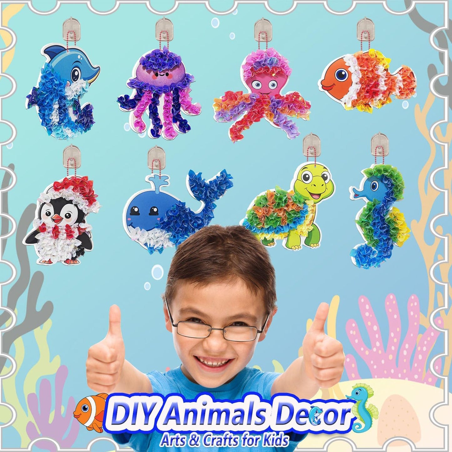 mom&myaboys Mess-Free Poke Art for Kids Ages 4-8 - Ocean Animals Craft Kit (8 Sea Creatures: Jellyfish, Dolphin, Turtle & More) | Beginner Sewing Toys for Toddlers | Creative Gift for Girls and Boys