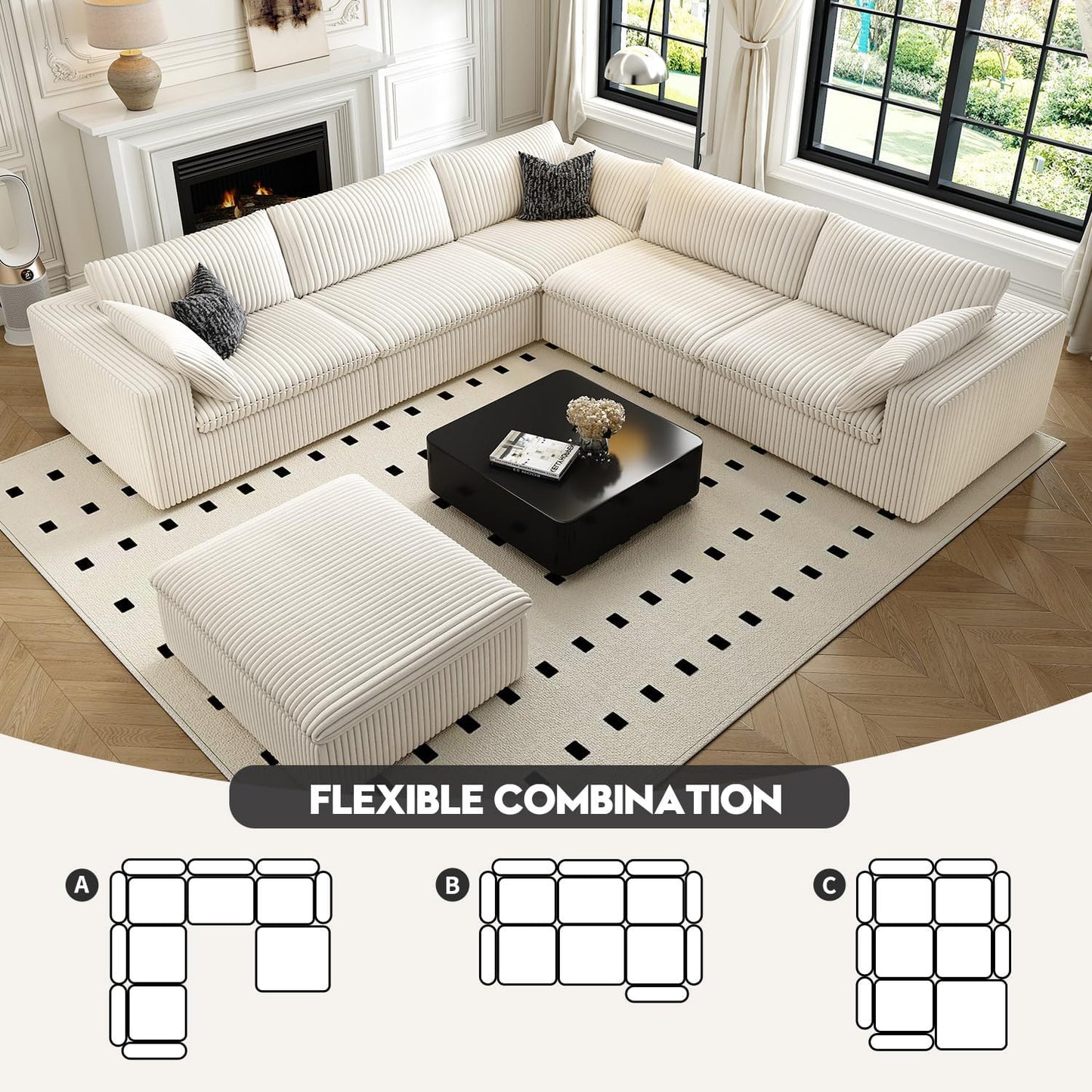 118" Cloud Couch Oversized Modular Sectional Sofa for Living Room,Modern Sofa with Deep Seat,6 Seater Boneless Couch,Comfy Upholstered Corduroy Couches for Apartment, Studio, Office,Bedroom,White
