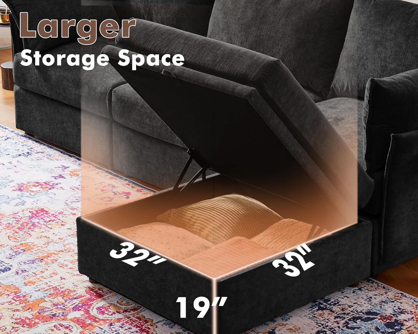 136.4" Oversized Modular Sectional Sleeper Sofa Bed, U Shaped Convertible Couch with Movable Ottoman, Large 8 Seat Corner Couches for Living Room Deep Seat Black Chenille