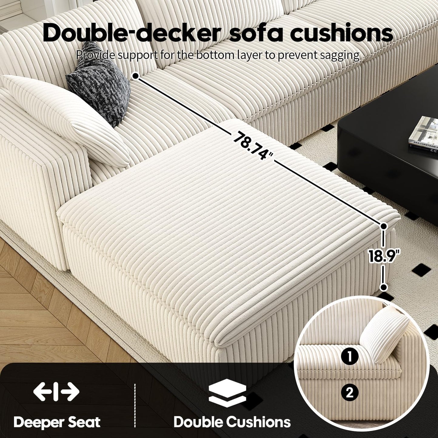 118" Cloud Couch Modular Sectional Sofa for Living Room,Modern Sofa with Deep Seat,U-Shape Boneless Couch with 2 Ottoman,Comfy Upholstered Corduroy Couches for Apartment, Studio, Office,Bedroom,White