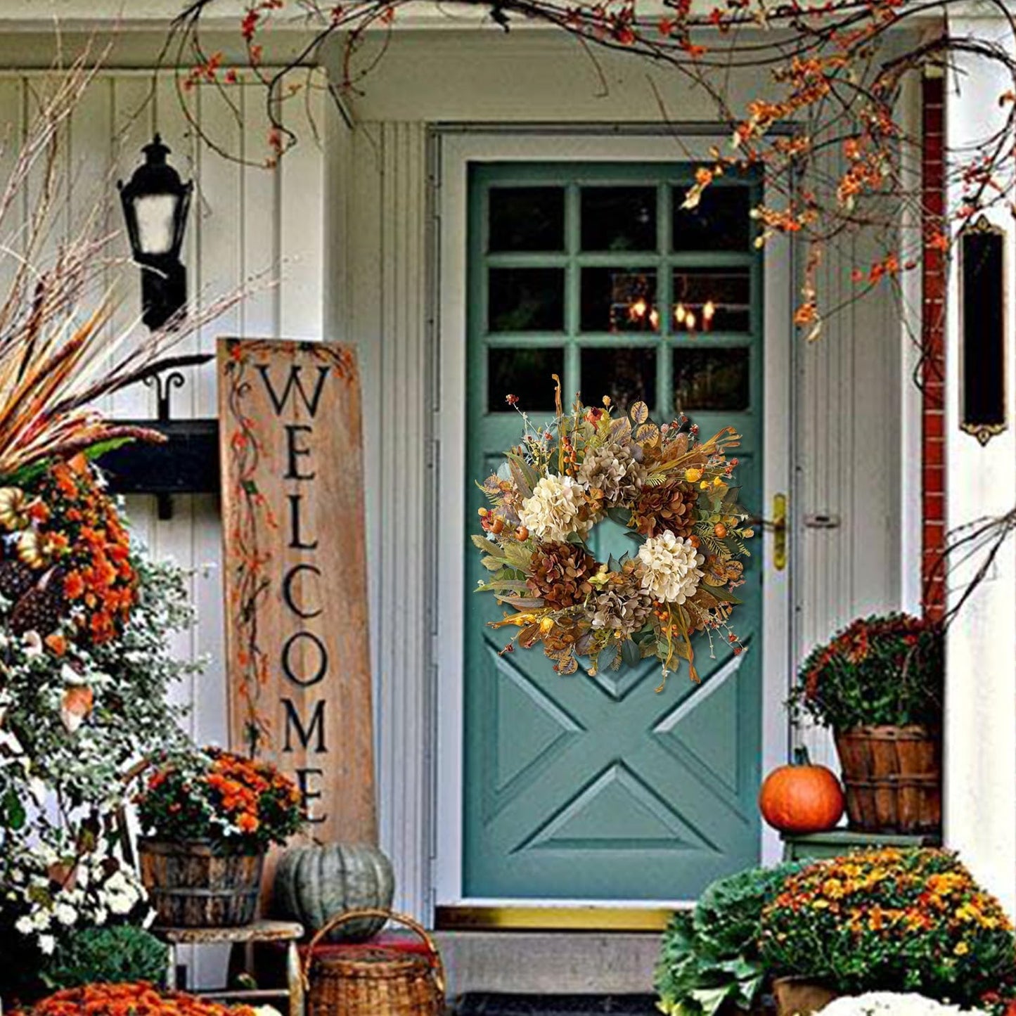 WANNA-CUL 24 Inch Fall Wreaths for Front Door with Hydrangea,Little Pumpkins-Fall Decorations for Home,Fall Door Wreath Decor for Autumn,Harvest, Halloween or Thanksgiving