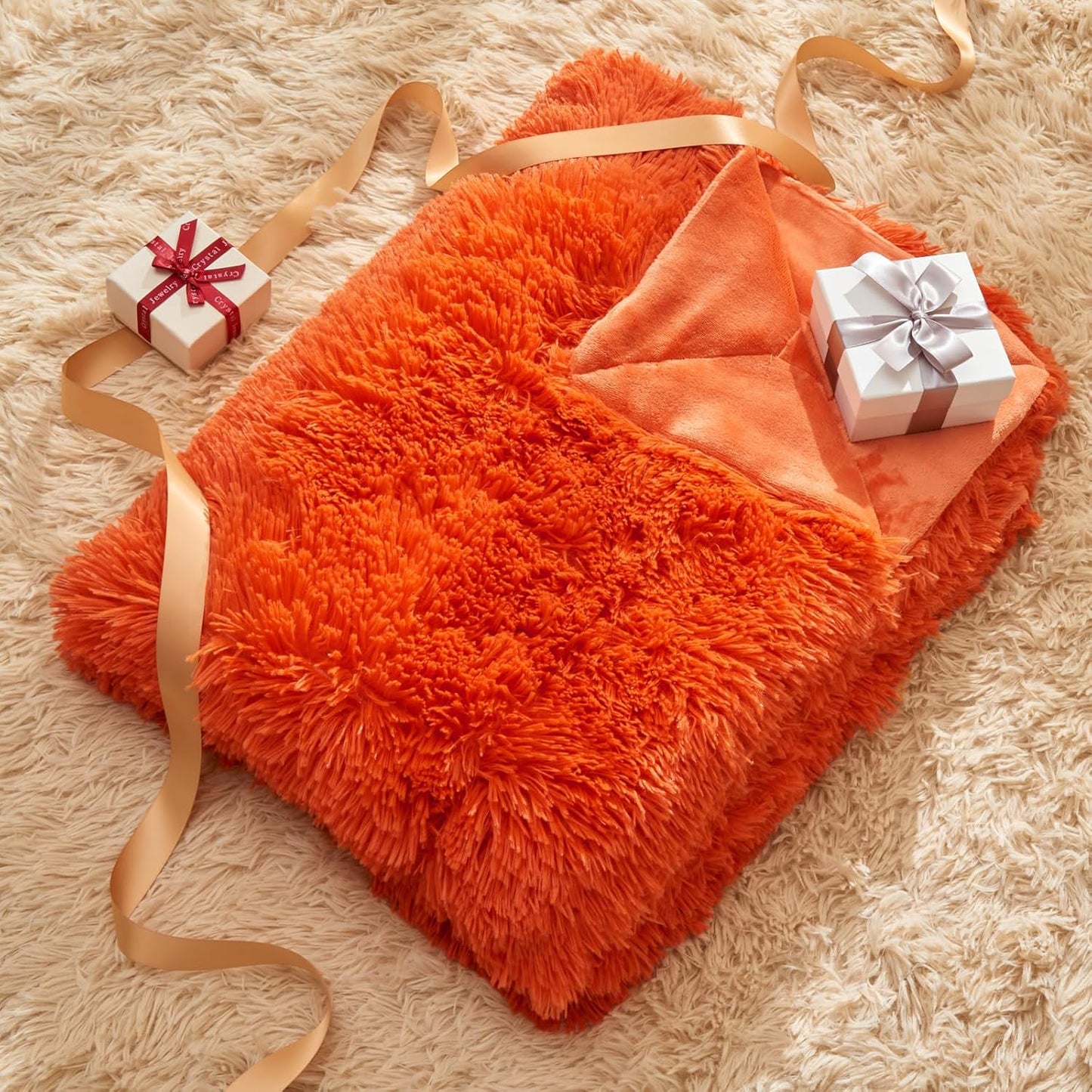 GONAAP Fuzzy Faux Fur Throw Blanket Queen Size Orange Super Soft Cozy Plush Fuzzy Shaggy Blanket for Couch Sofa Bed (Orange, Queen(90"x90"))