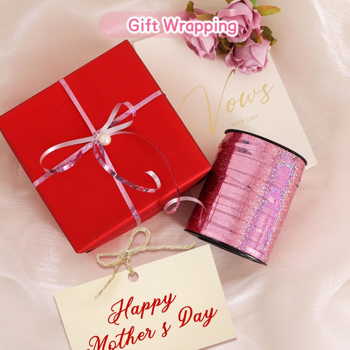 BEISHIDA 500 Yards Pink Ribbon Crimped Curling, Balloon String Shiny Metallic Roll for Gift Wrapping Ribbon Birthday Mother's Day Wedding Anniversary Party Decorations