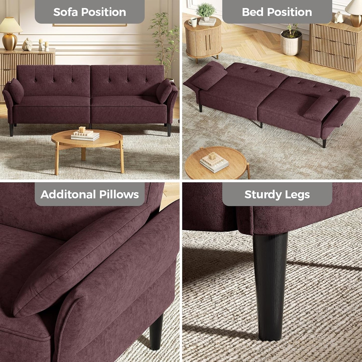 89” Futon Sofa Bed, Velvet Fabric Comfy Futon Couch Bed with 2 Square Pillows, Convertible Sleeper Sofa with Adjustable Backrest& Armrests, Modern Loveseat Sleeper for Living Room, Burgundy