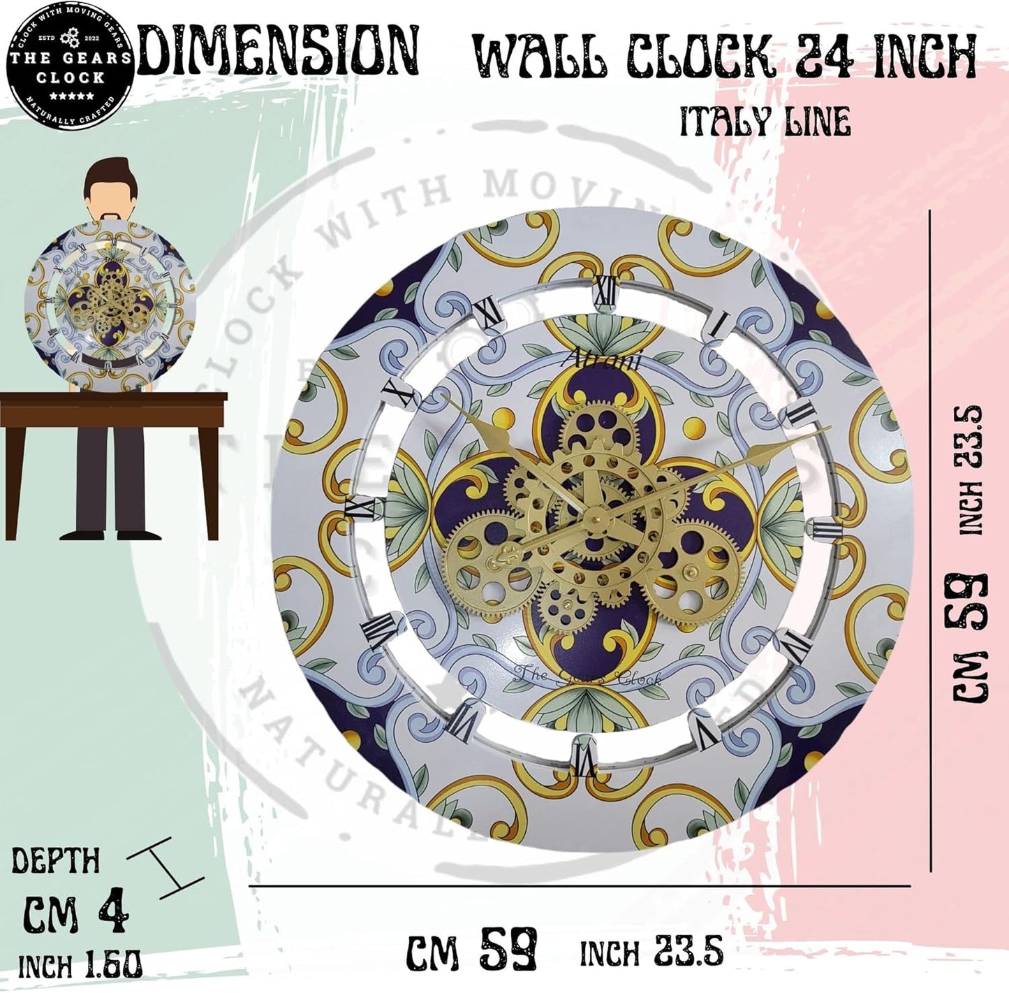 The Gears Clock Wall Clock Italy Collection with Moving Gears (Maiori, 24 inch Round)