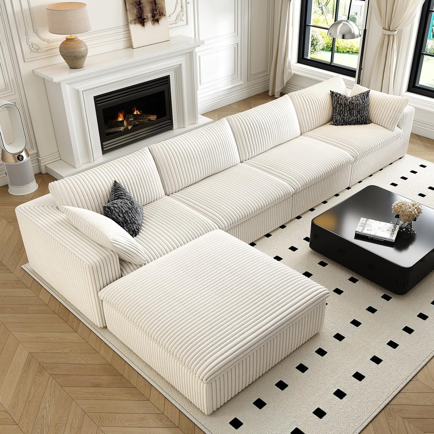 157.5" Cloud Couch Modular Sectional Sofa for Living Room,Modern Sofa with Deep Seat,L-Shape Boneless Couch with Ottoman,Comfy Upholstered Corduroy Couches for Apartment, Studio, Office,Bedroom,White